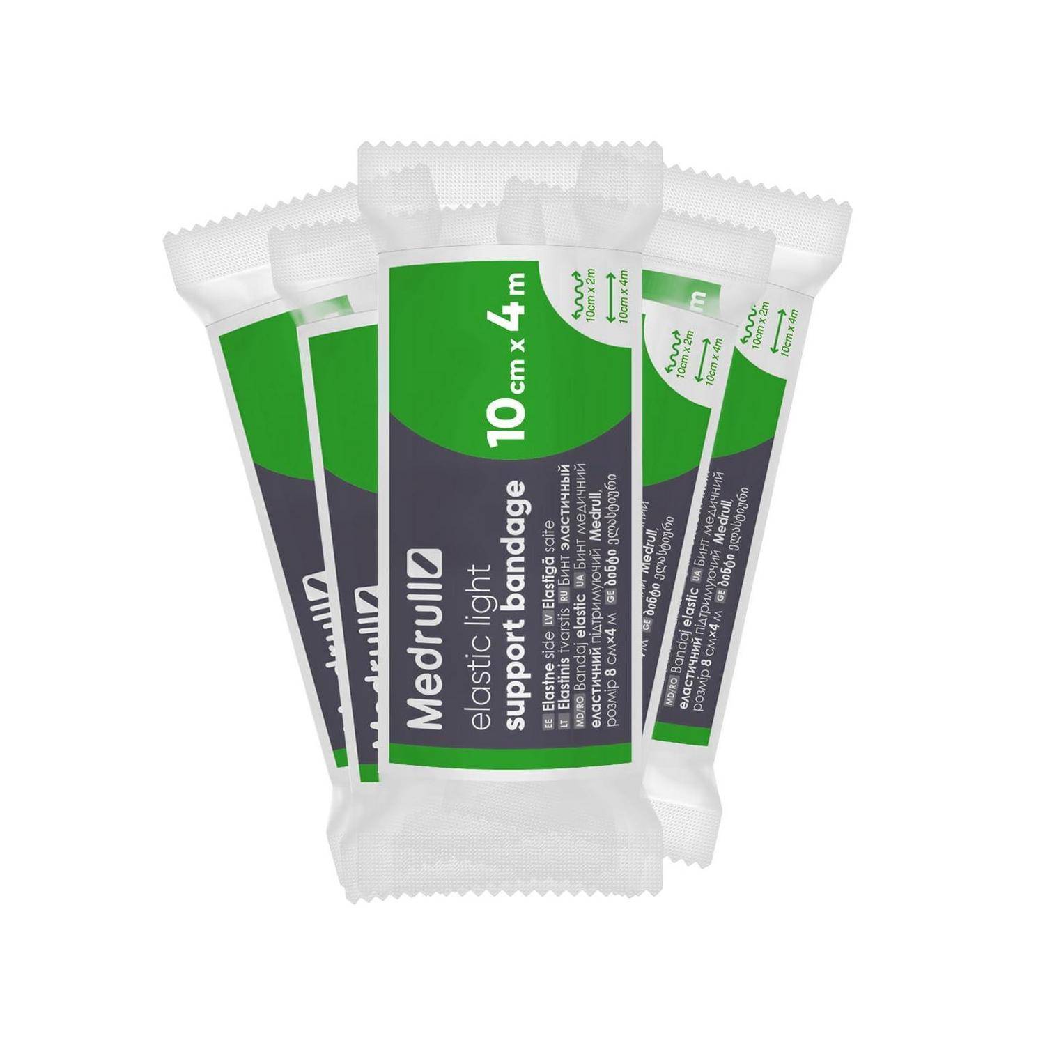 Packung Medrull elastische leichte Stützbandagen, 10 cm x 4 m, in grün-weißer Verpackung dargestellt.