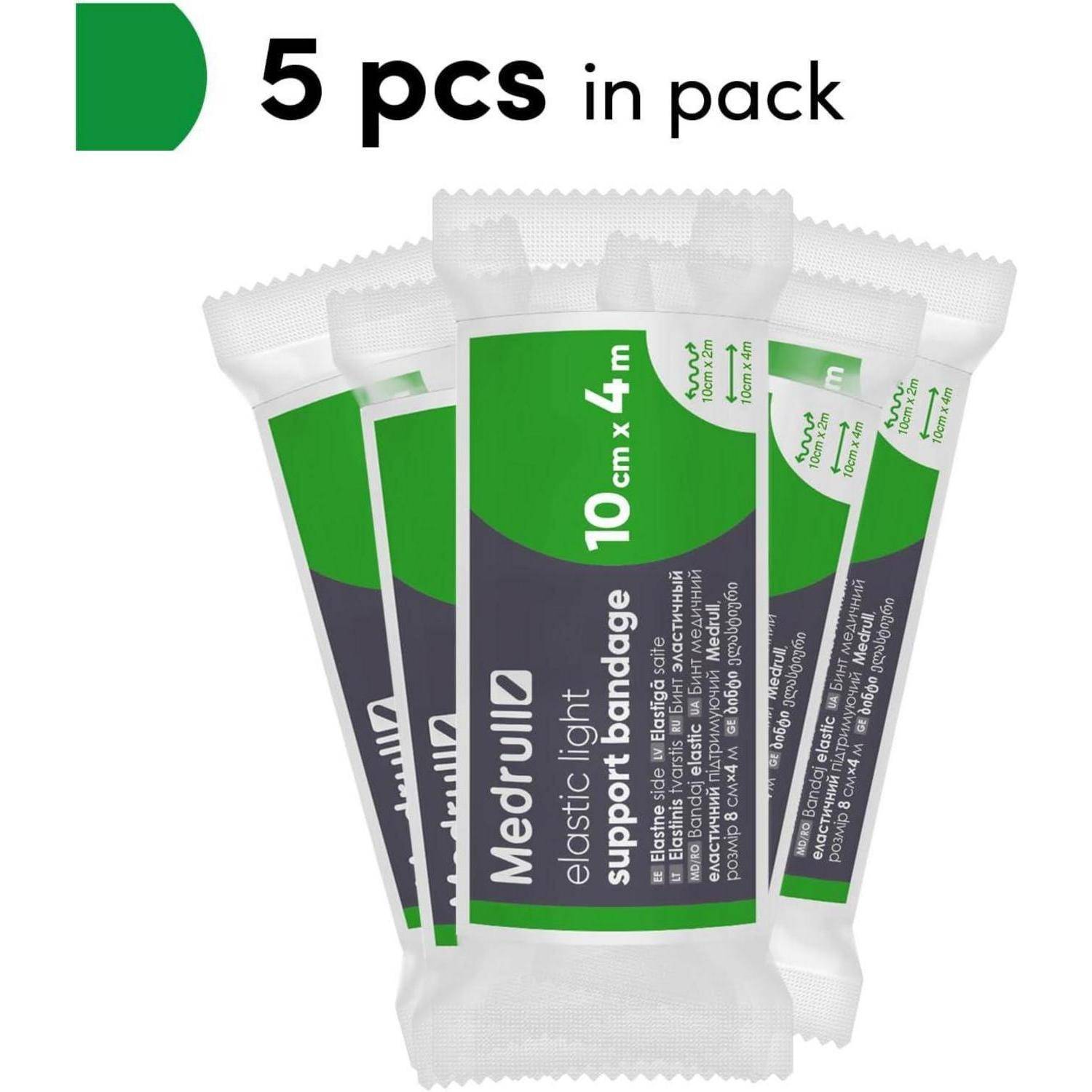 Fünferpack Medrull elastische leichte Stützbandagen, 10 cm x 4 m, dargestellt als gewickelte Rollen auf weißem Hintergrund.