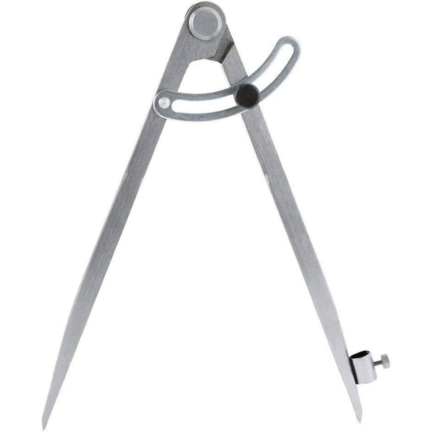 Metallzirkel mit zwei spitzen Beinen und verstellbarem gekrümmtem Arm, gezeigt auf weißem Hintergrund.