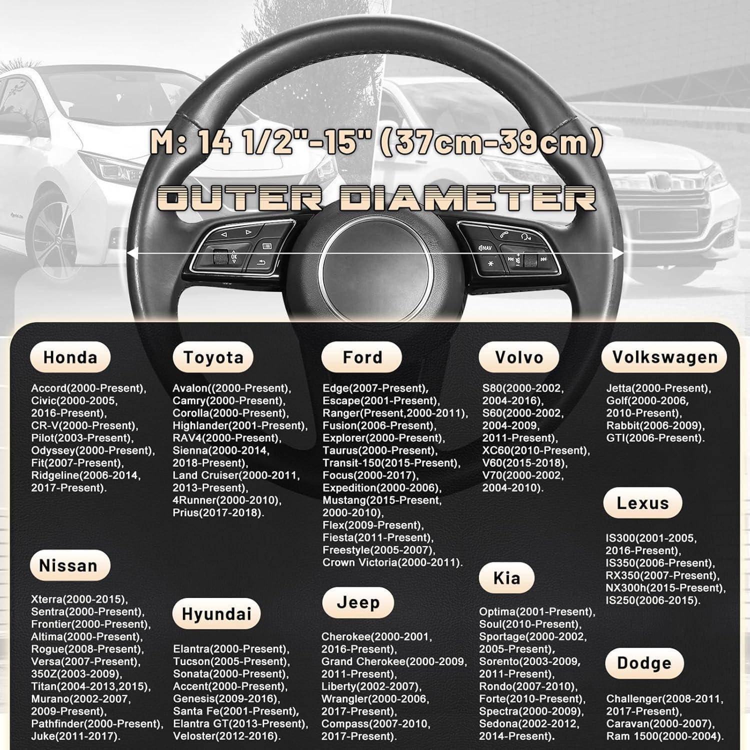 Lenkraddurchmesser-Diagramm mit einem Außendurchmesser von 14½-15 Zoll (37-39 cm) und Kompatibilitätslisten für Honda-, Toyota-, Ford-, Volvo-, Volkswagen-, Nissan-, Hyundai-, Jeep-, Kia-, Lexus- und Dodge-Fahrzeuge.