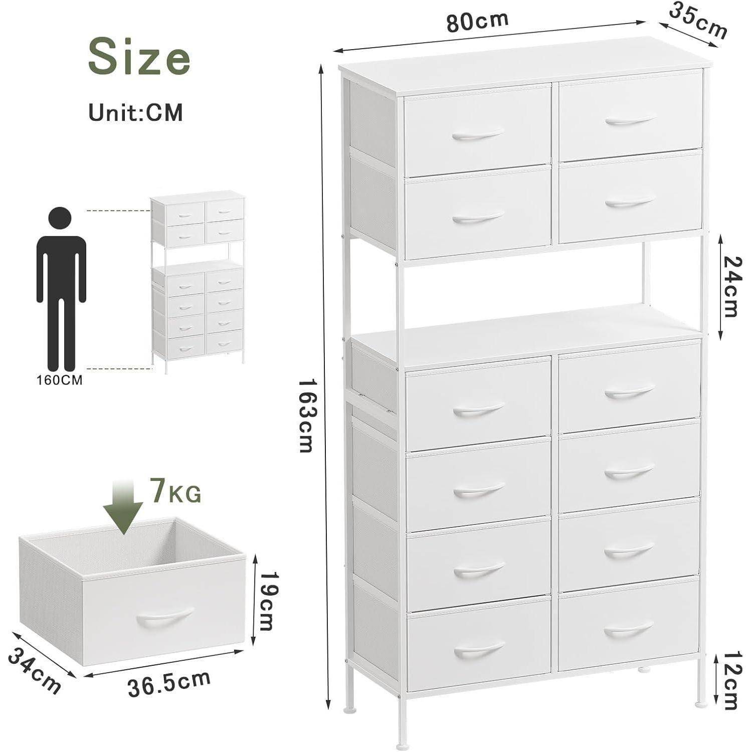 Hohe Kommode, weiße Aufbewahrungskiste mit offenem Mitteldesign, hohe Schlafzimmertruhe mit 12 Schubladen, große Kapazität, Aufbewahrungskiste für
