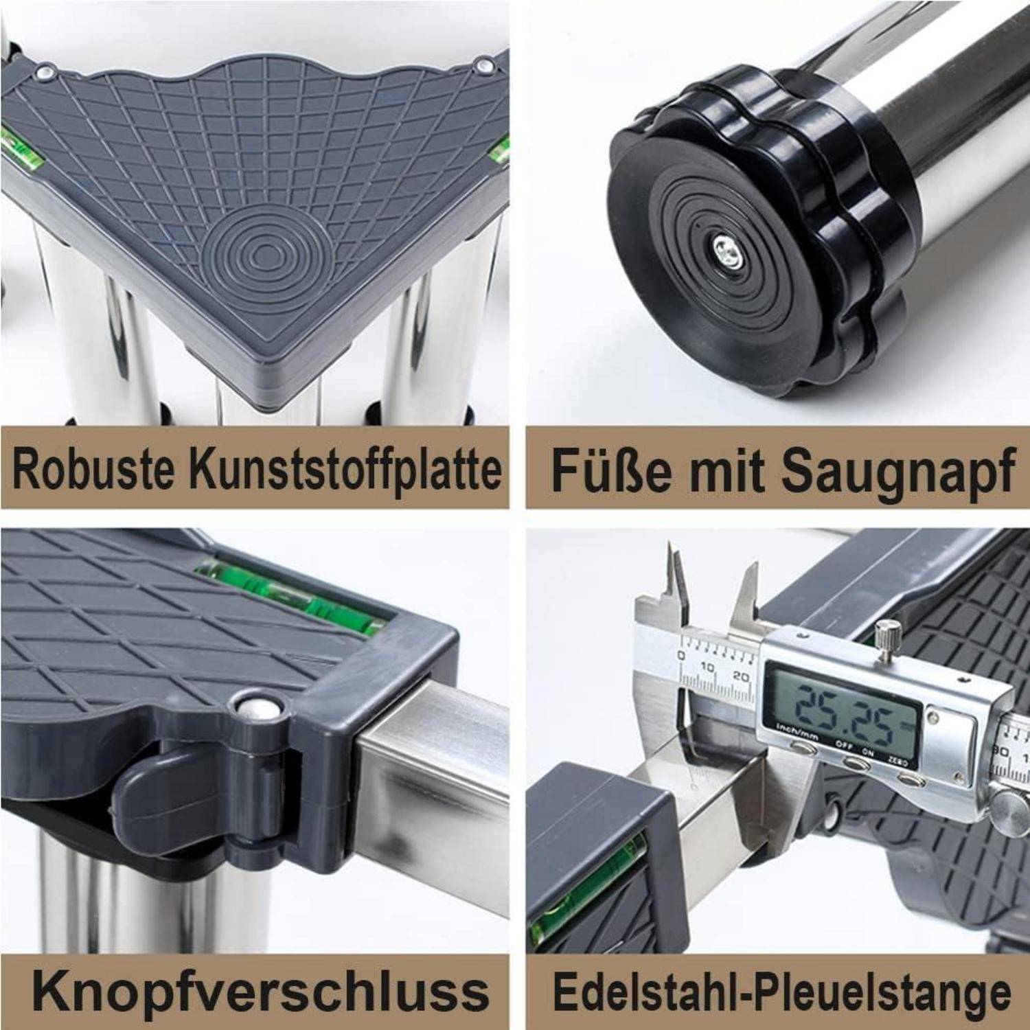 Collage eines Klapperhockers mit robustem Kunststoffsitz, Saugnapffüßen, Druckknopfverriegelung und Edelstahlstützstange mit Schieblehre-Messung.