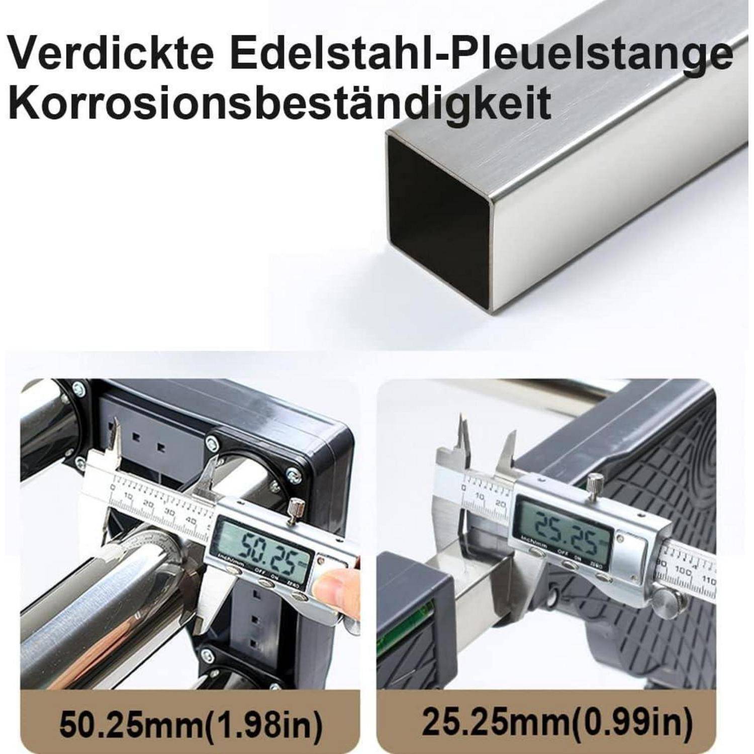 Grafik zum Vergleich von verdickten Edelstahlverbindungsstangen für Korrosionsbeständigkeit, die ein hohles Stahlrohr und zwei Schieblehrmessungen zeigt: 50,25 mm und 25,25 mm.