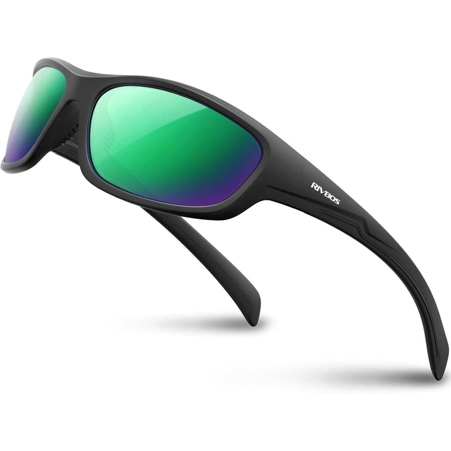 Schwarze Sportsonnenbrille mit Umwicklungsdesign und verspiegelten grün-violetten Gläsern, gezeigt auf weißem Hintergrund