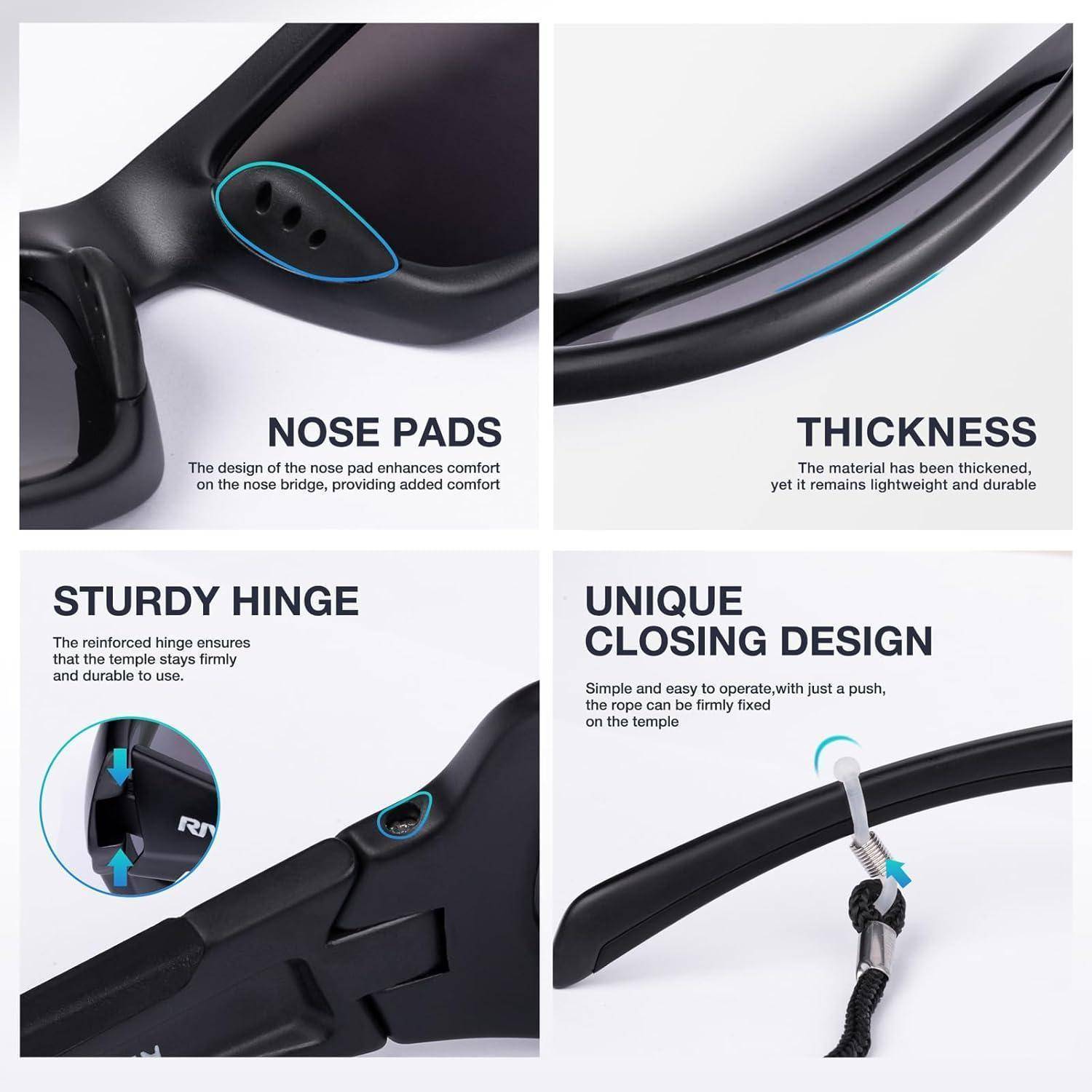 Infografik zeigt Brillenmerkmale: Nasenpads für Komfort, dünner aber langlebiger Rahmen, stabiles Scharnier und einzigartiges Schließdesign mit Kordelbefestigung.