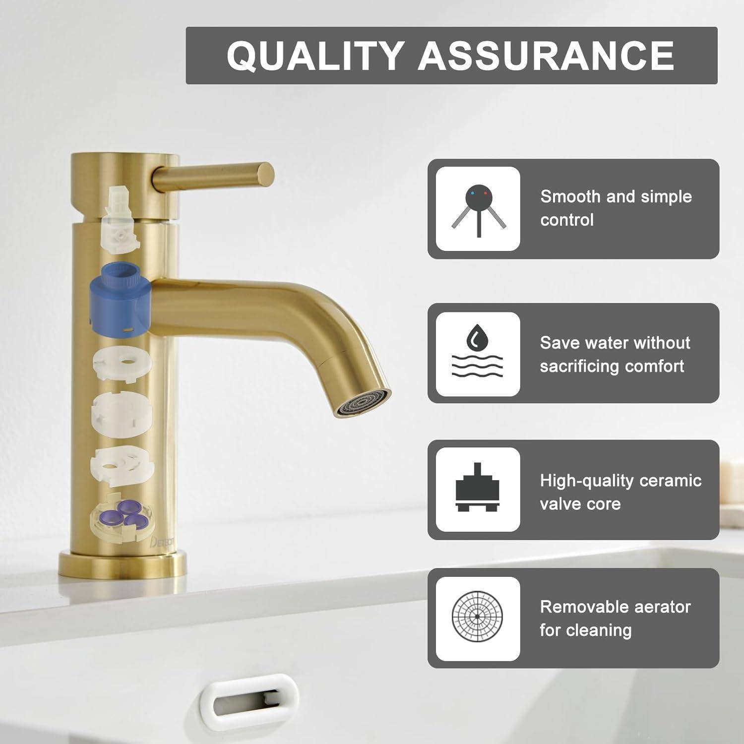 Qualitätssicherungsgrafik mit Darstellung eines goldenen Wasserhahns im Querschnitt mit beschrifteten Merkmalen: glatte einfache Bedienung, Wassersparfunktion, Keramikventilkern und abnehmbarer Strahlregler.