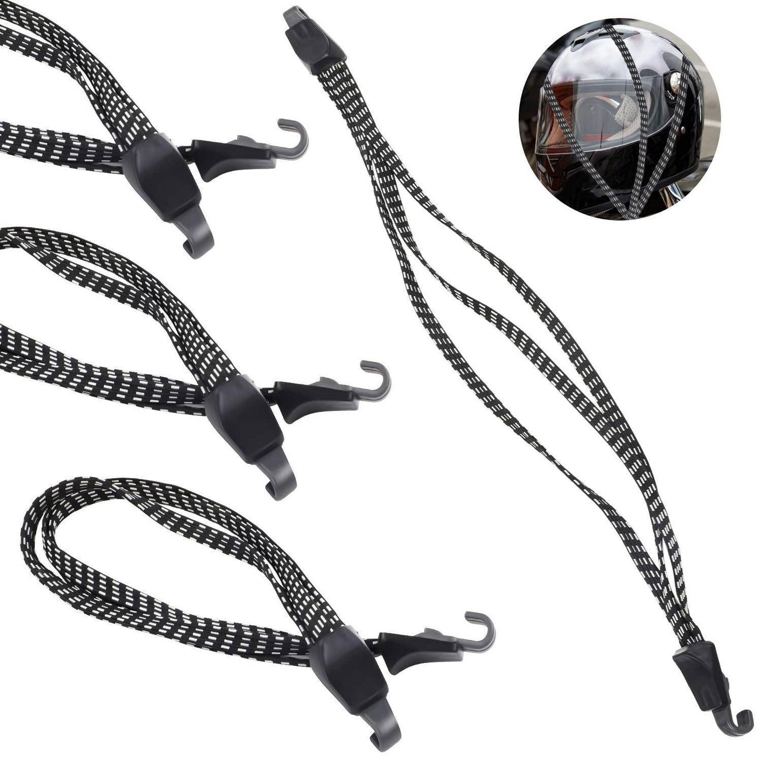 Drei elastische Bungee-Seile mit schwarzen Haken, gebündelt dargestellt und um Fracht befestigt, um Gegenstände in einem Fahrzeugkofferraum zu sichern.