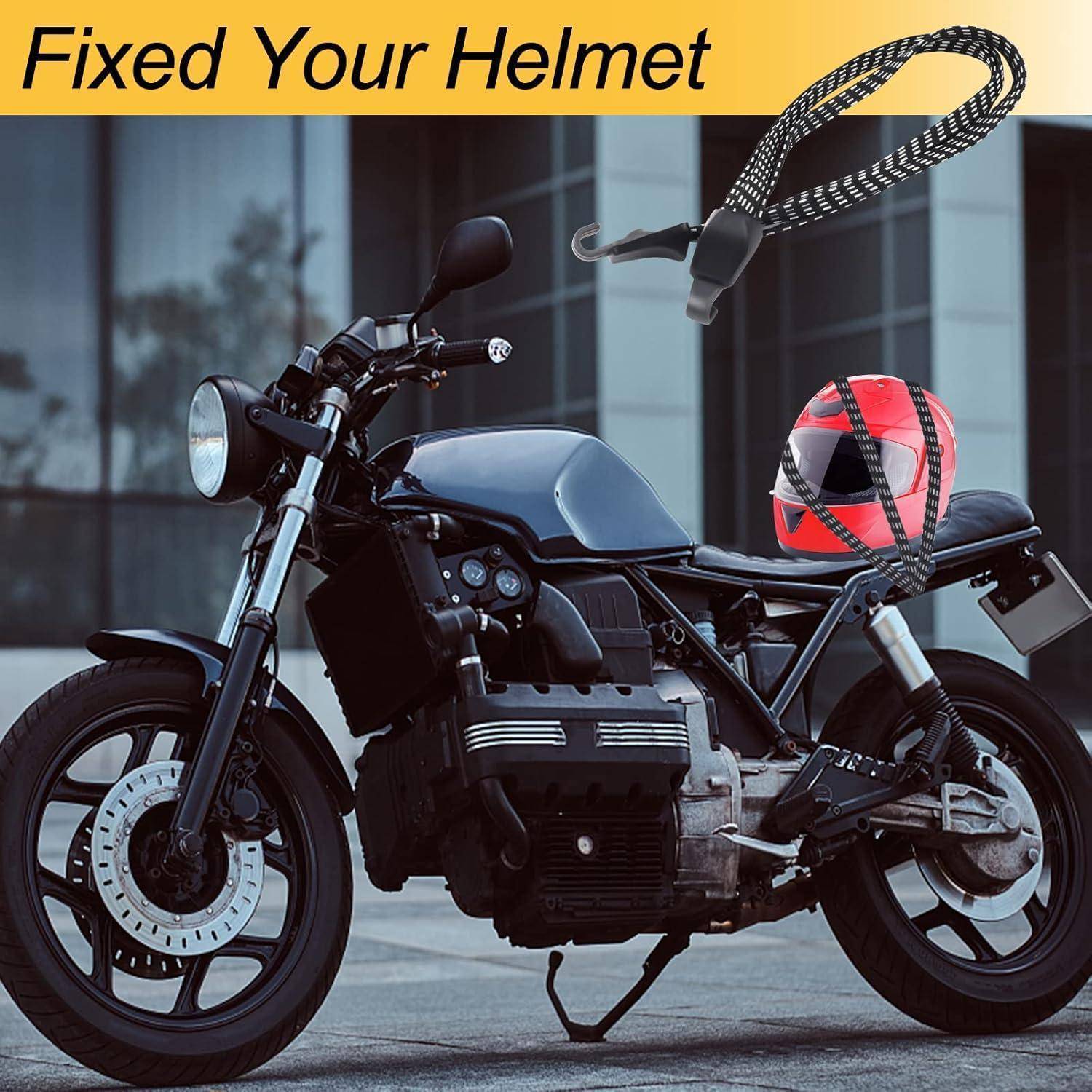Motorrad, das draußen geparkt ist, mit einem roten Helm, einem Schlosskabel-Grafik und dem Text 