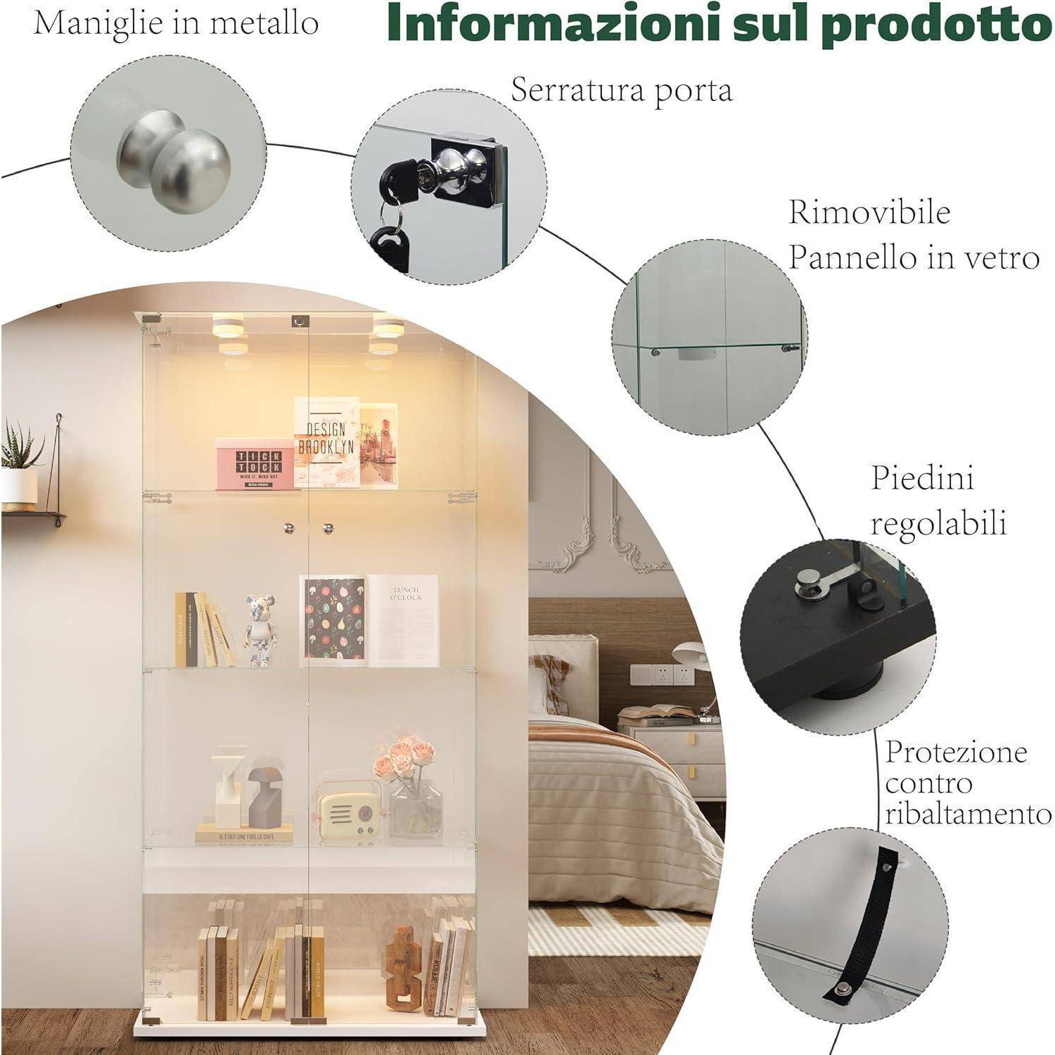 Produktinformationen Grafik für einen Glashängeschrank mit Metallgriffen, Türschloss, abnehmbarem Glaspaneel, verstellbaren Füßen und Kippschutz, mit dem Schrank in einem Schlafzimmer abgebildet.