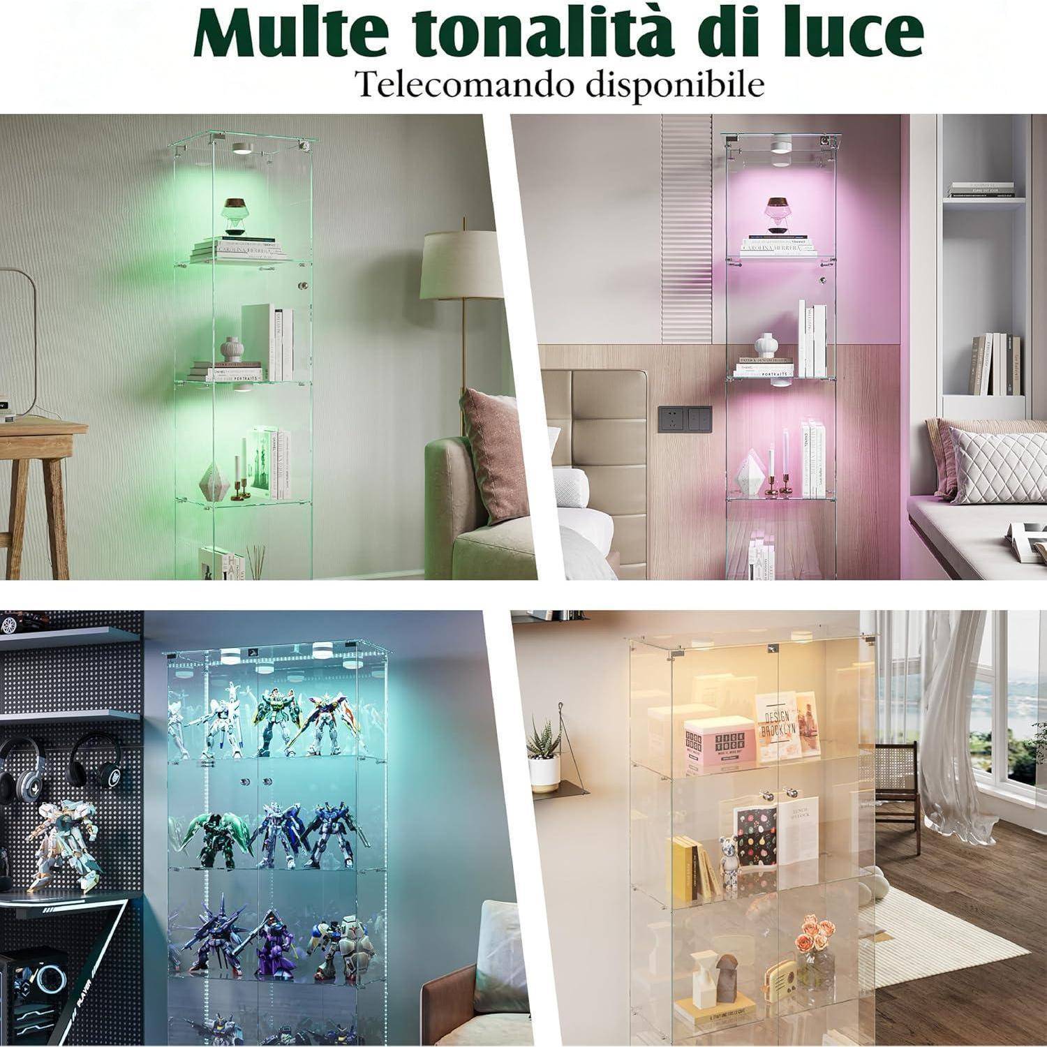 Katalogbild von beleuchteten Glasvitrinen in vier Räumen, das die gleiche Einheit mit verschiedenen LED-Farben zeigt: Grün, Rosa, Blau und Warmweiß.