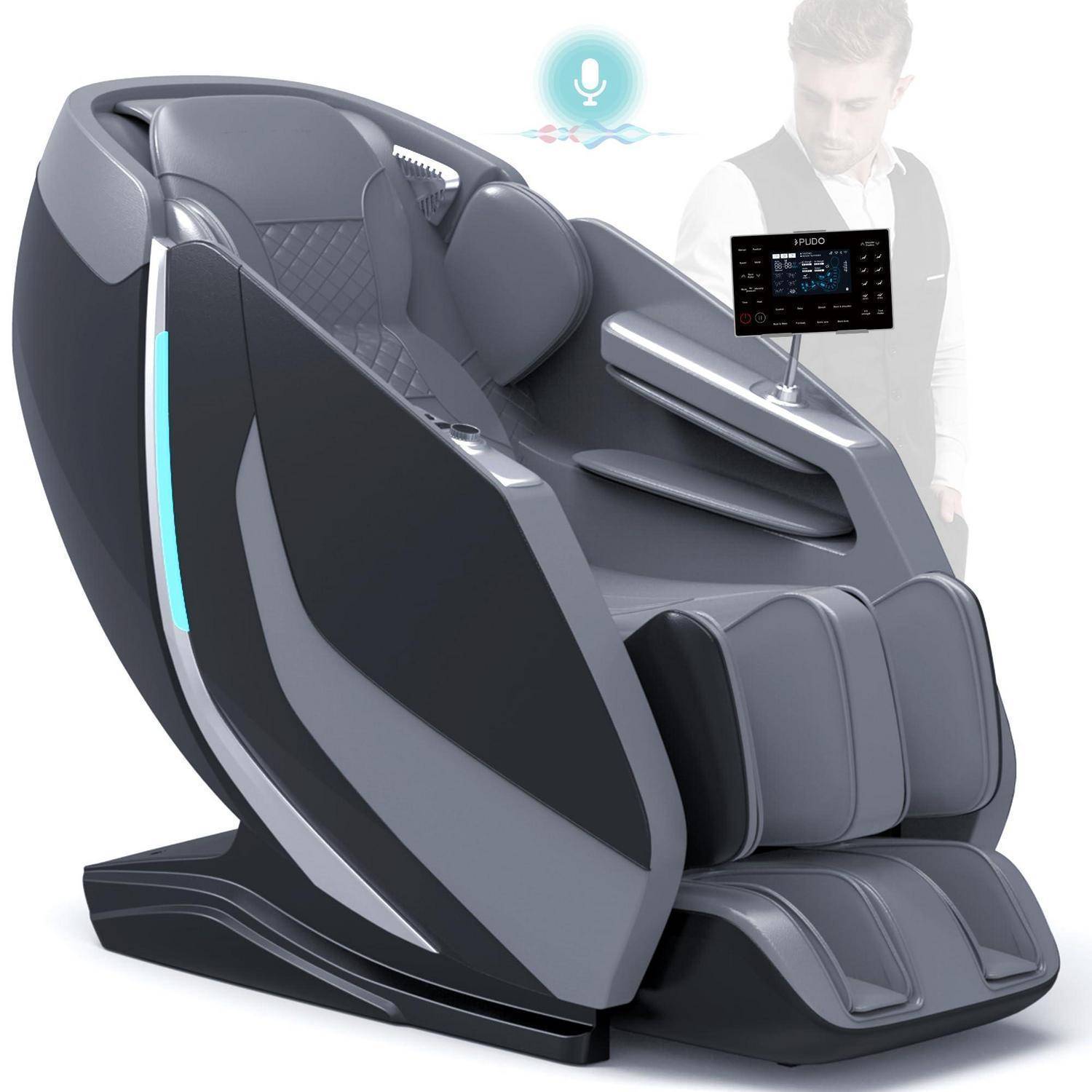 Futuristischer Massagesessel mit integrierter Touchscreen-Steuerung und Sprachinteraktion, in Seitenansicht mit Bein- und Rückenmassagerollen gezeigt.