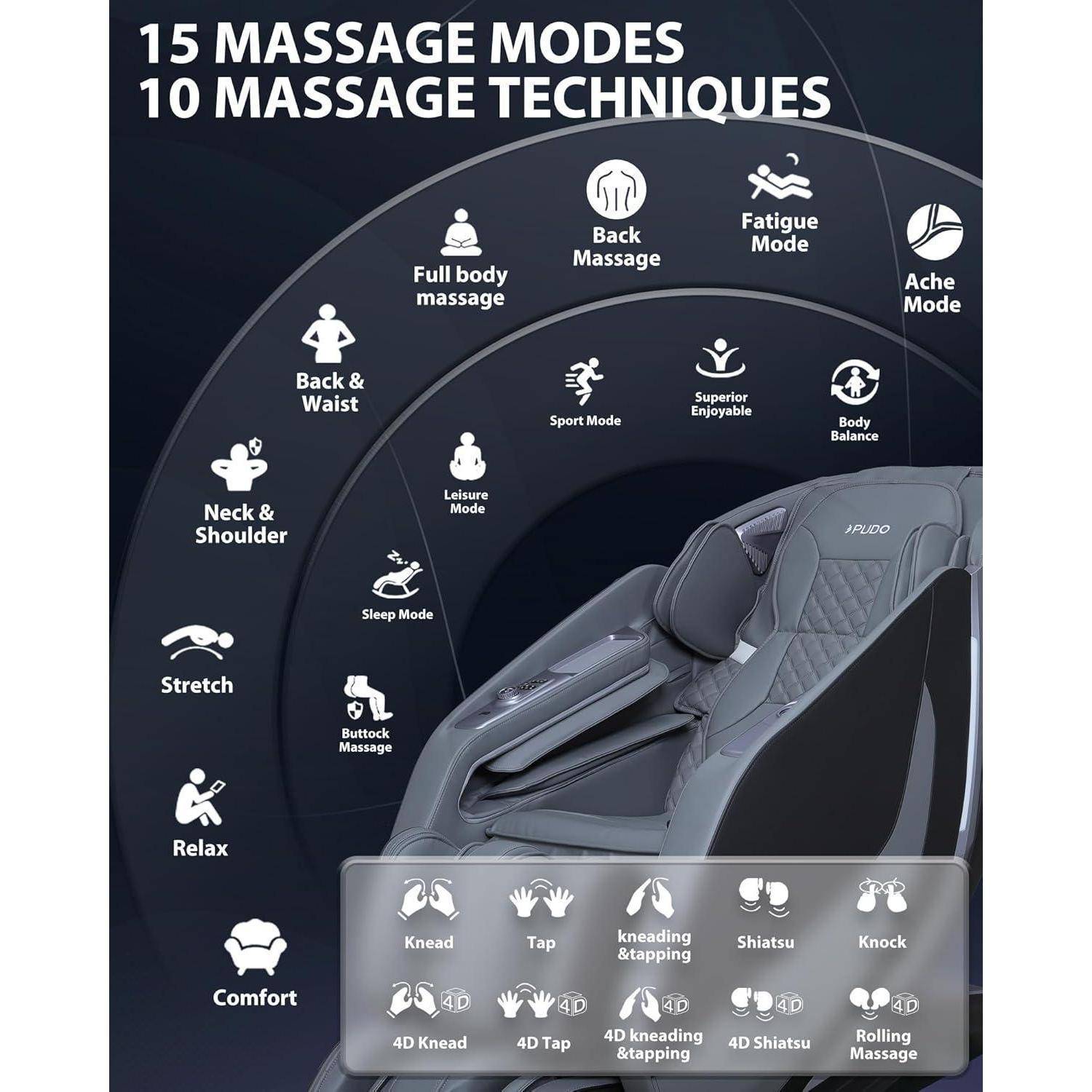 PUDO 4D Massagesessel Massagestuhl Ganzkörpermassage: Massagesessel mit Wärmefunktion Massage Stuhl Massage Chair - Schwarzgrau