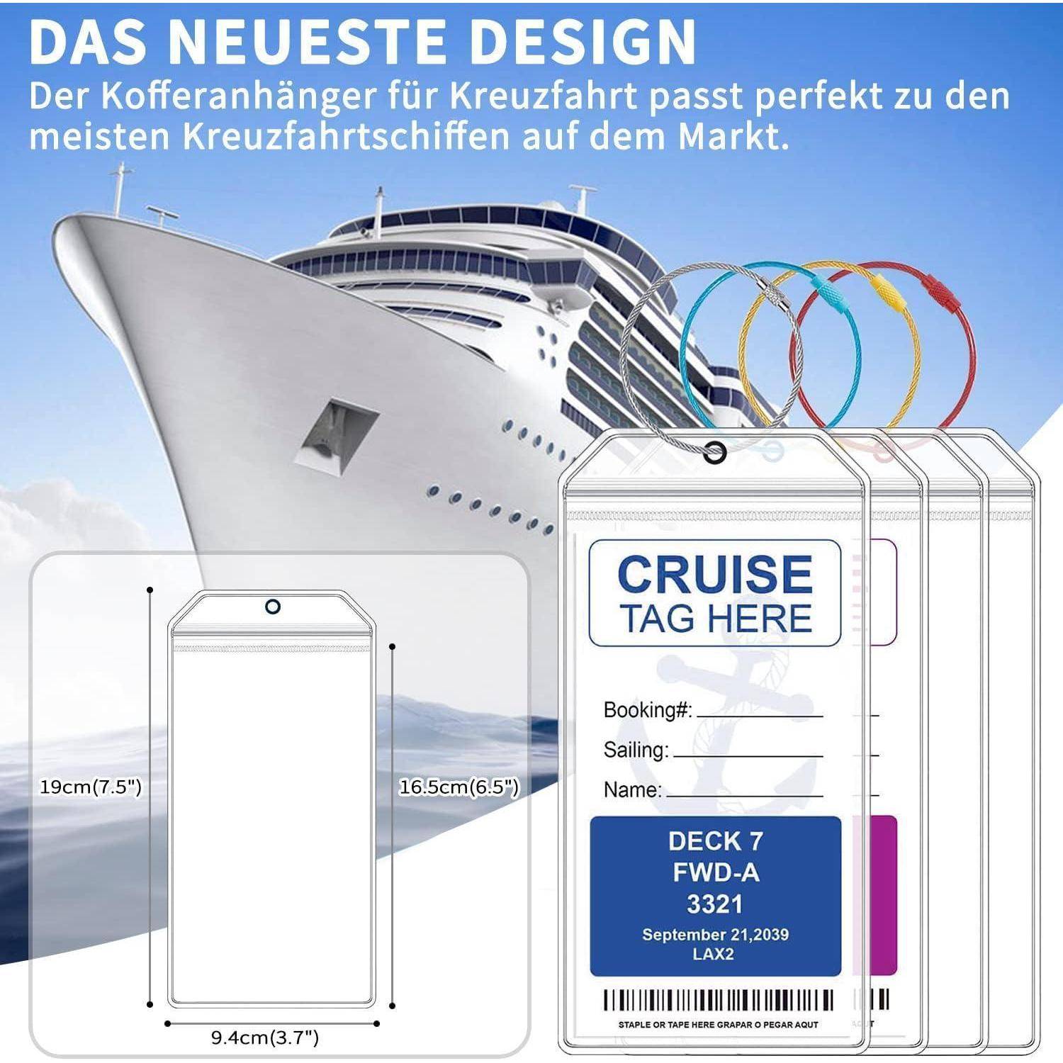 Kofferanhänger-Design für Kreuzfahrten mit Schiffsabbildung, vier farbigen Ringschleifen und Beispiel-Etikett mit der Bezeichnung „CRUISE TAG HERE" sowie Buchungsdetails.