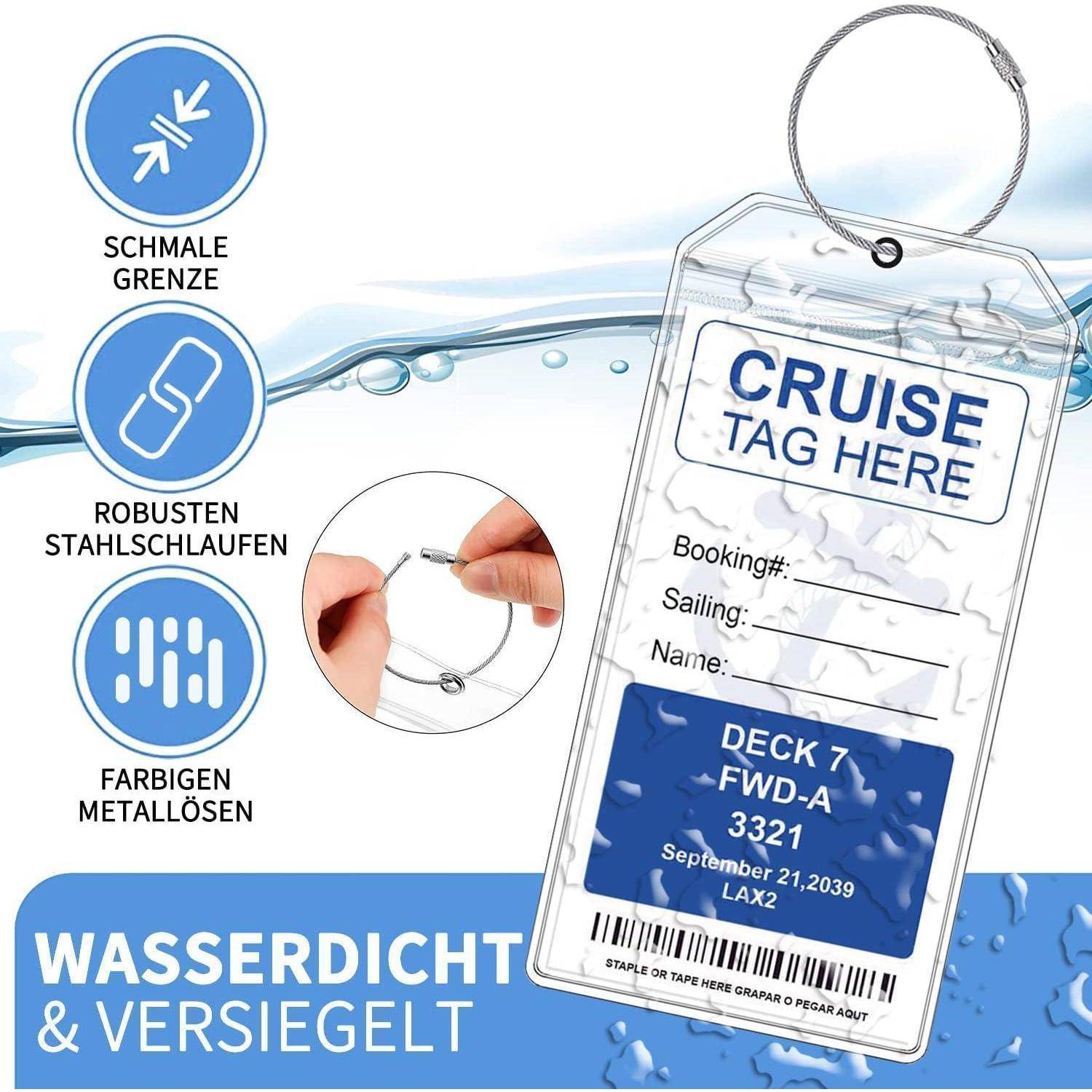 Kreuzfahrt-Kofferanhänger mit Stahlschleife und wasserdichtem Verschluss, beschriftet mit „CRUISE TAG HERE"; deutsche Symbole zeigen die schlanke Kante, die stabile Schleife und das farbige metallfreie Design.