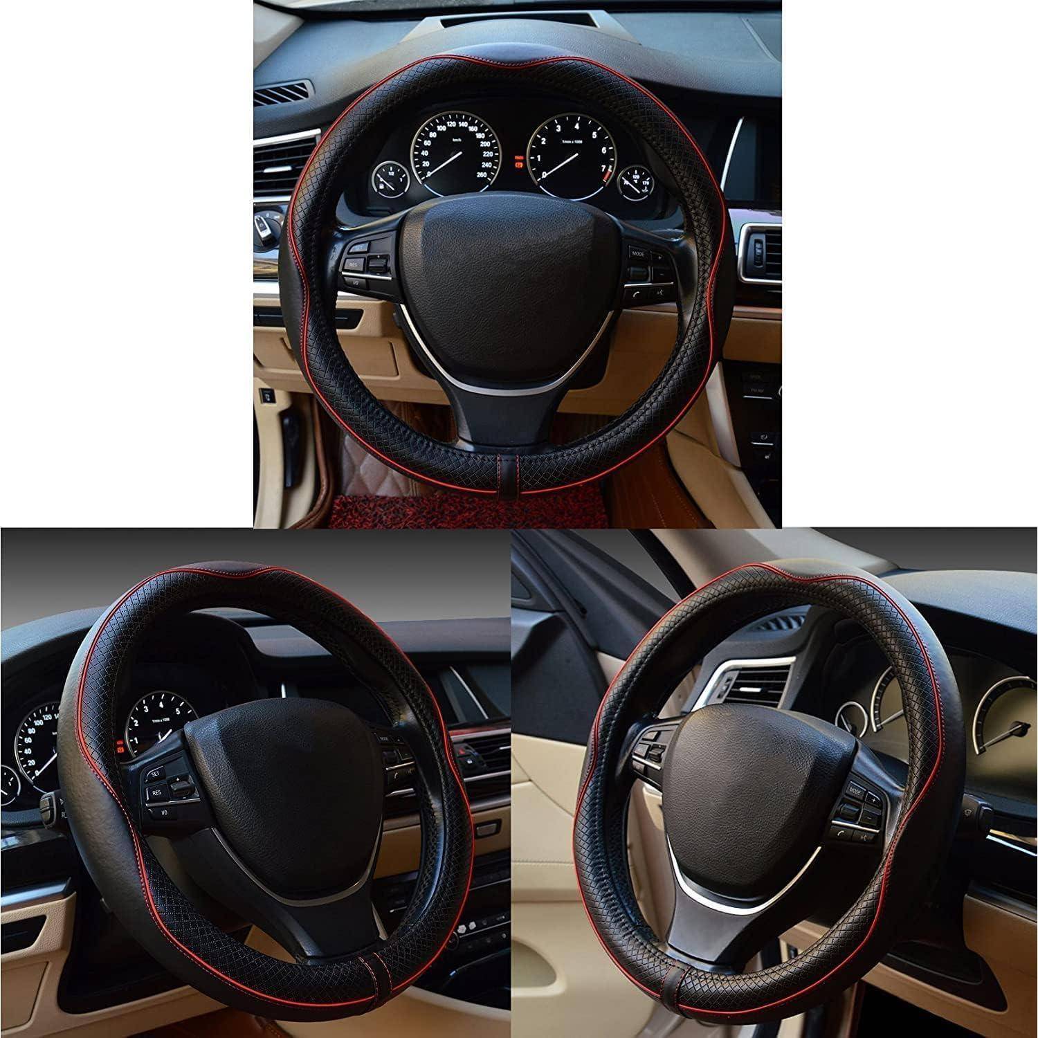 Collage eines Autolenkrads mit einer schwarz-roten Abdeckung, von drei Winkeln aus in einem beige-schwarzen Armaturenbrett dargestellt.