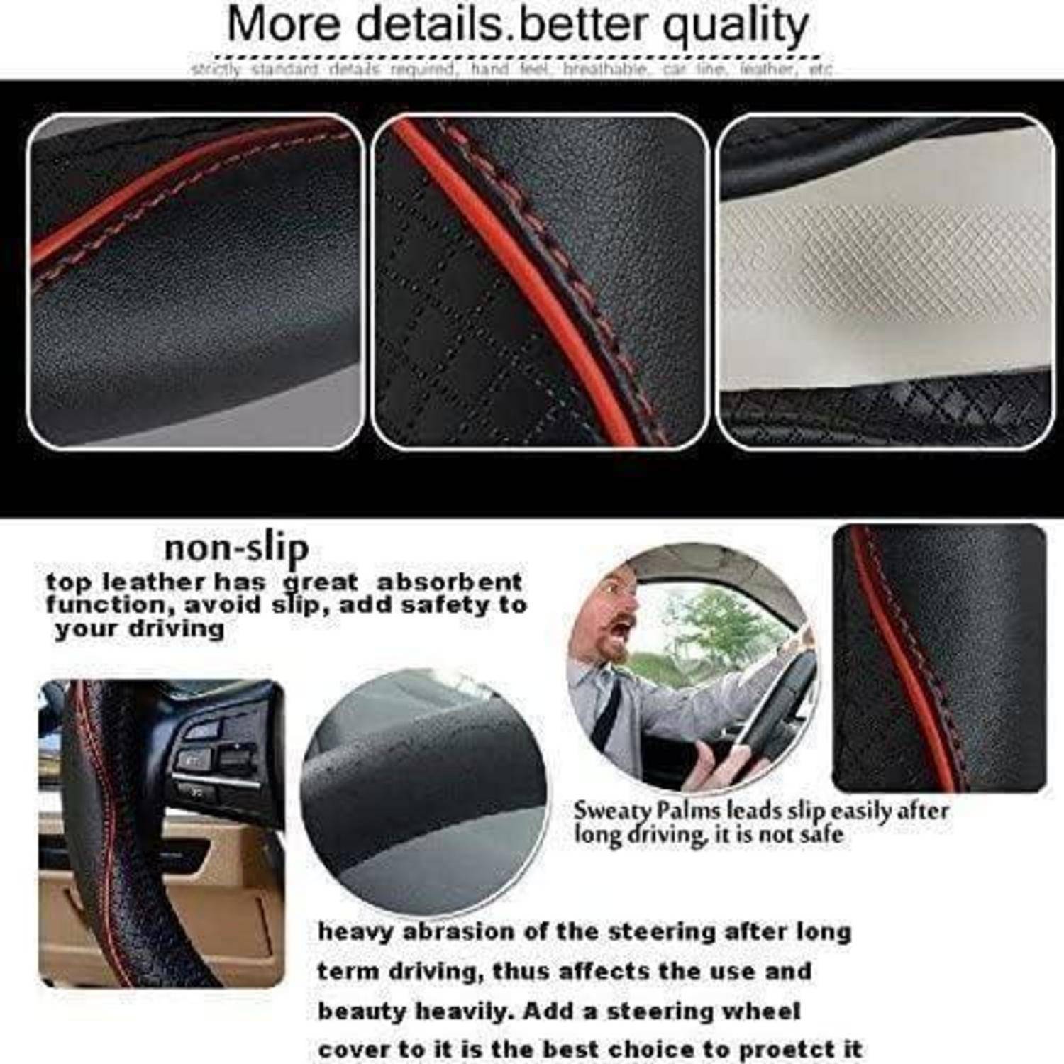Werbegrafik zeigt die Materialien und Textur einer Lenkradbezugs und hebt "Mehr Details bessere Qualität"", rutschfreien Griff, Feuchtigkeitsaufnahme und Fahrsicherheit hervor.
