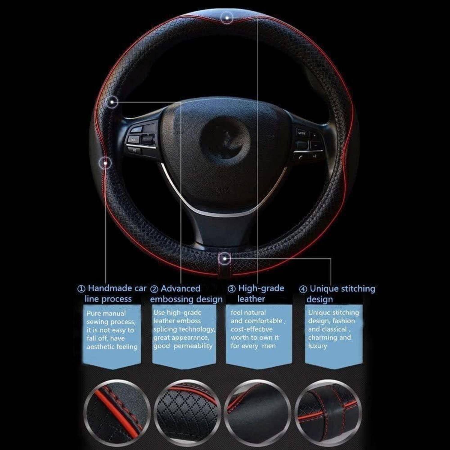 Infografik einer Autolenkradbezug, gekennzeichnet als handgefertigt, fortschrittliche Prägung, hochwertigem Leder und einzigartigem Nähdesign, mit vier Nahaufnahmen-Detailfotos.