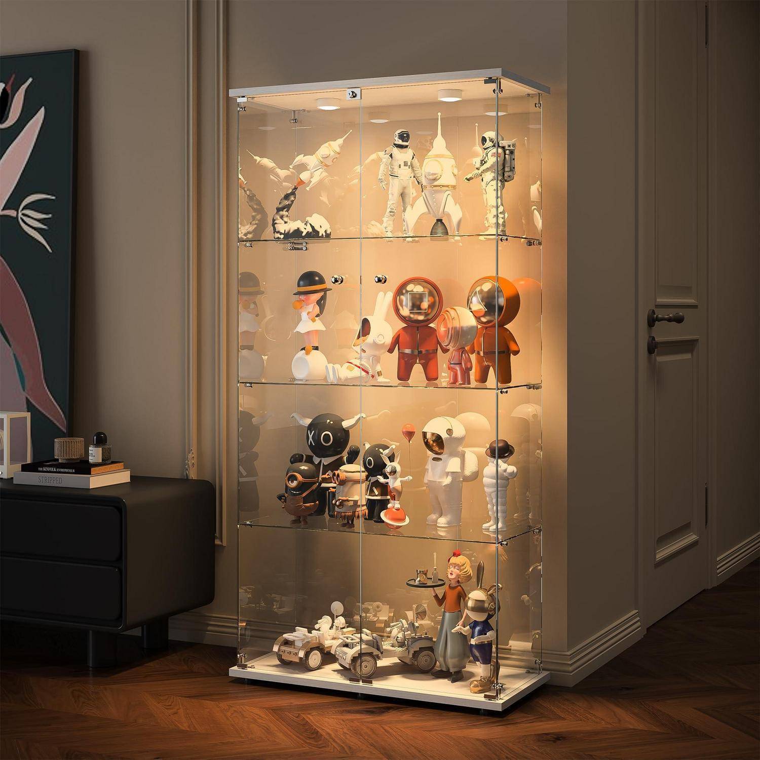 Glasvitrine mit Led Beleuchtung, Glas vitrinenschrank mit 2 Tür und 4 Lagen Sammlervitrine Glasvitrine Standvitrine für Wohnzimmer Büro Sammlerstü