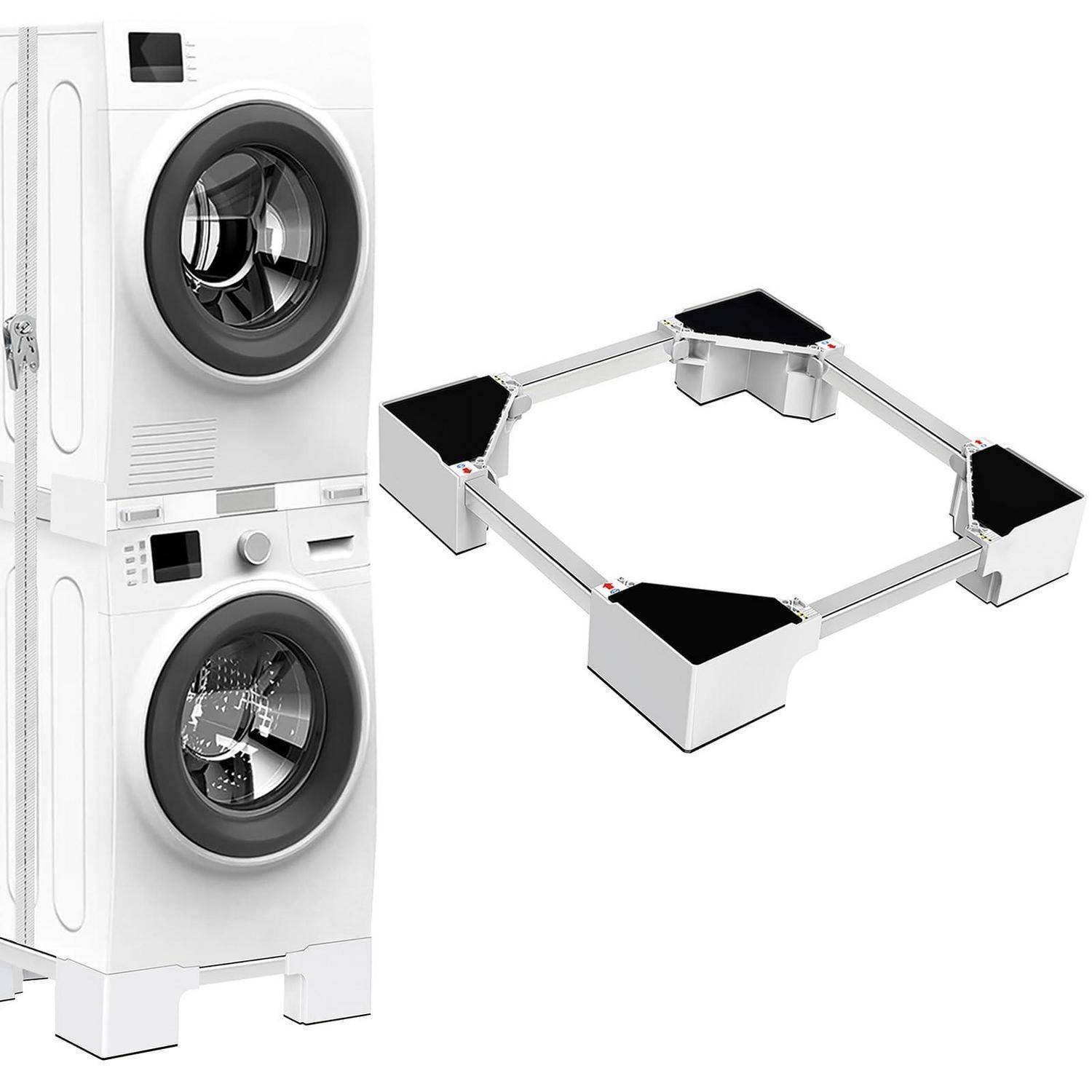 Stapelbare Frontlader-Waschmaschine und Trockner neben einem vierseitigen Anti-Vibrations-Ständer, der zur Stabilisierung von Wäschereigeräten verwendet wird.