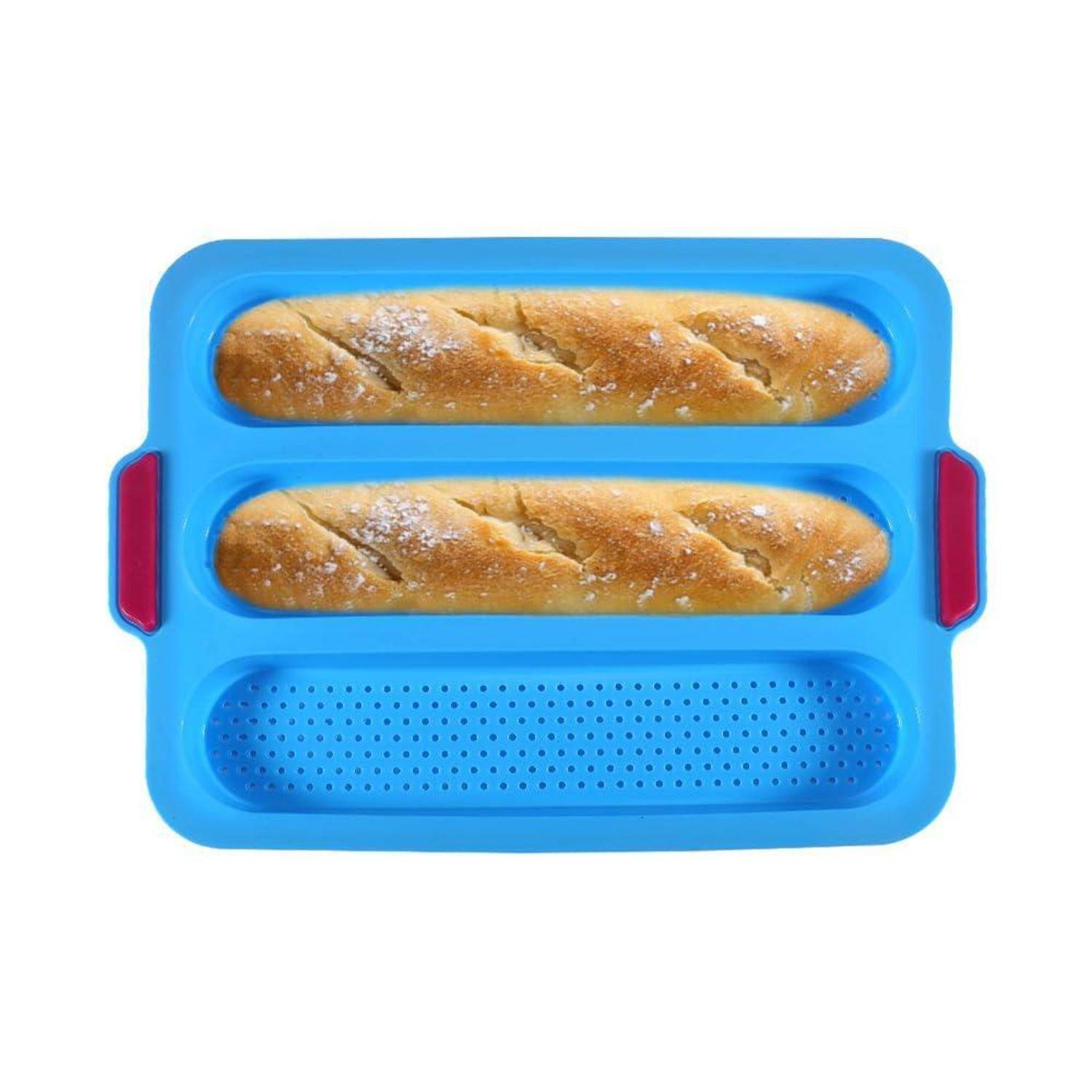 Blaues Baguette-Backblech mit zwei Brotlaiben und einem perforierten Bodenschlitz