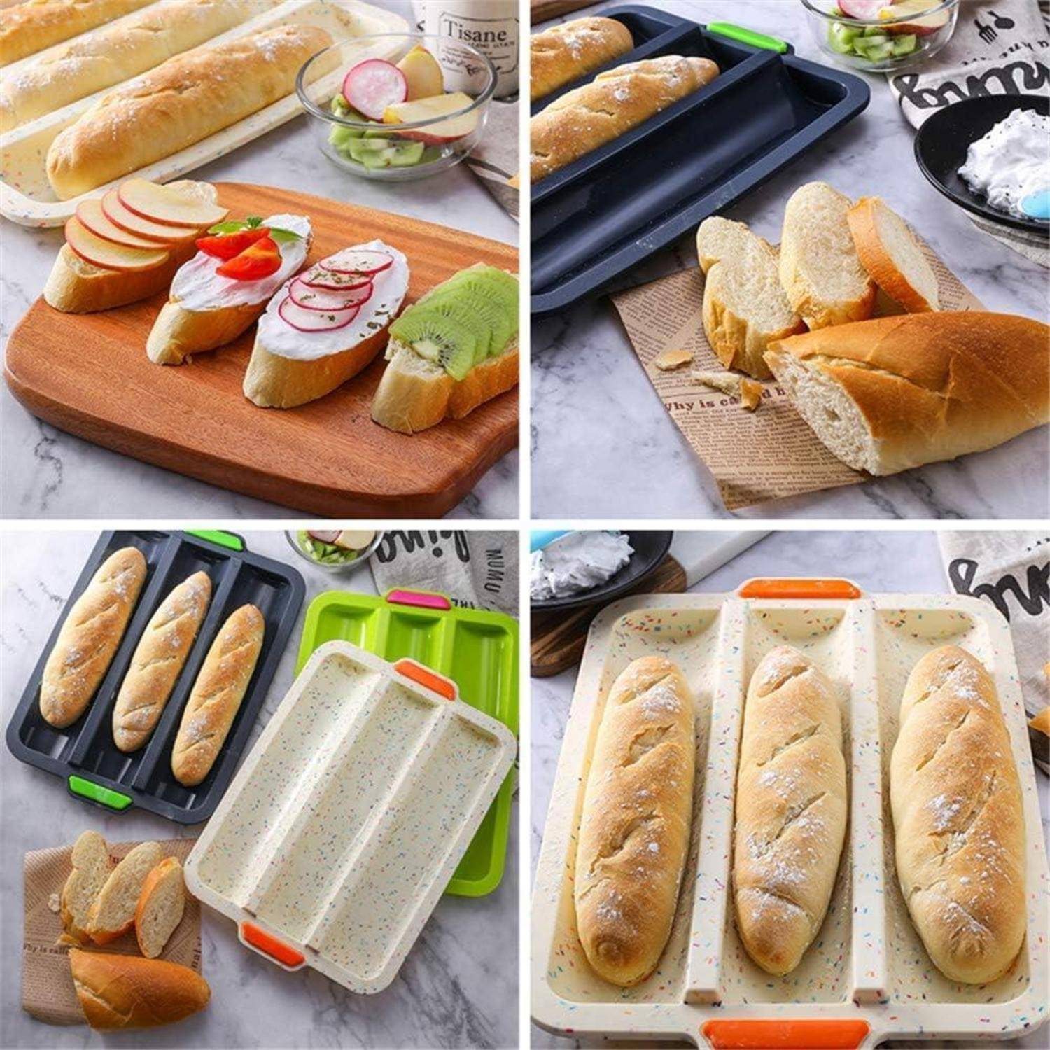 Collage von Sandwich-Brot auf Backblechen und einem Holzbrett, das geschnittene Baguettes mit Obst und Frischkäse belegt in einer Küchenumgebung zeigt.