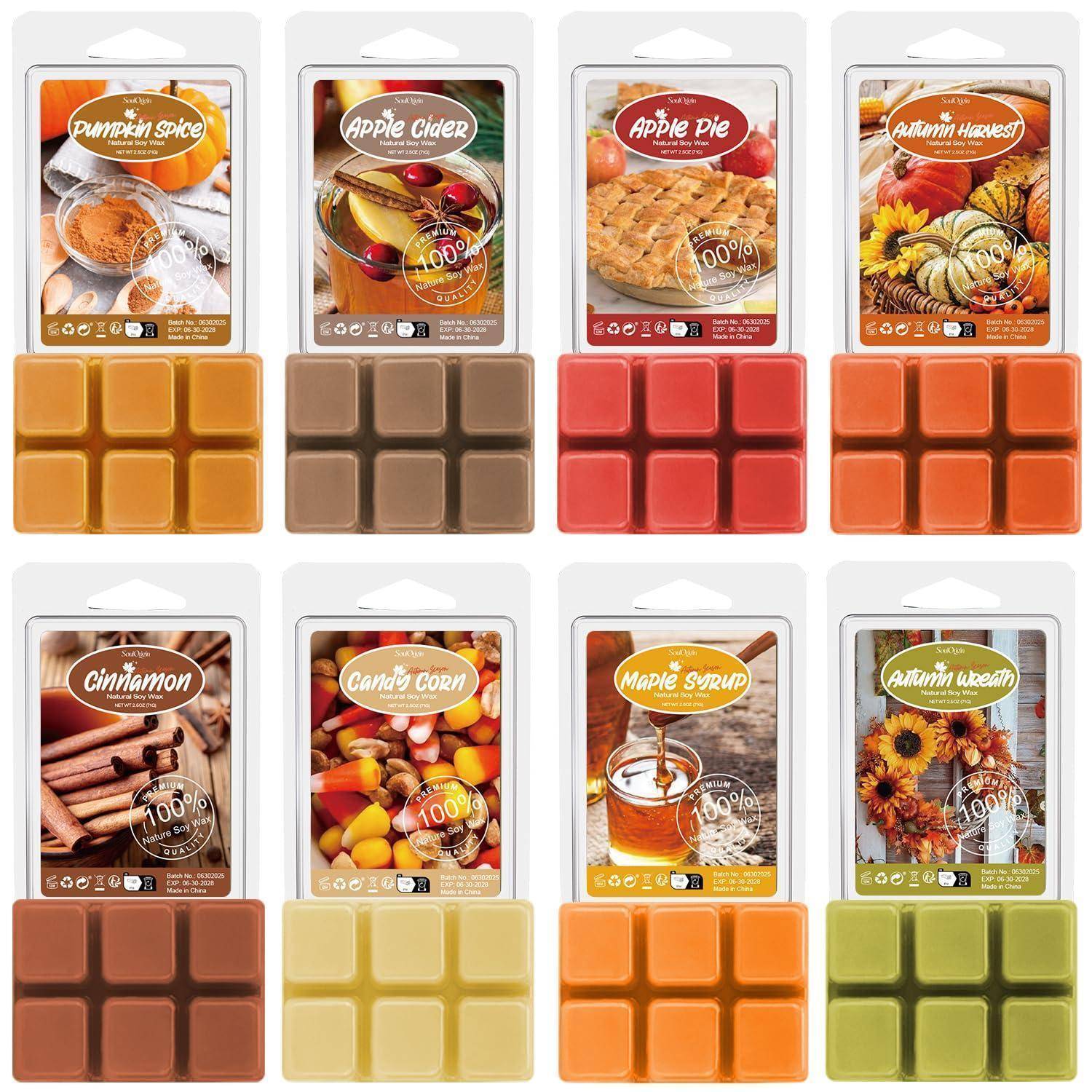 Raster mit acht duftenden Wachsschmelzen in saisonalen Aromen, einschließlich Kürbisgewürz, Apfelmost, Apfelkuchen, Herbsterernte, Zimt, Zuckermais, Ahornsirup und Herbstkranz.