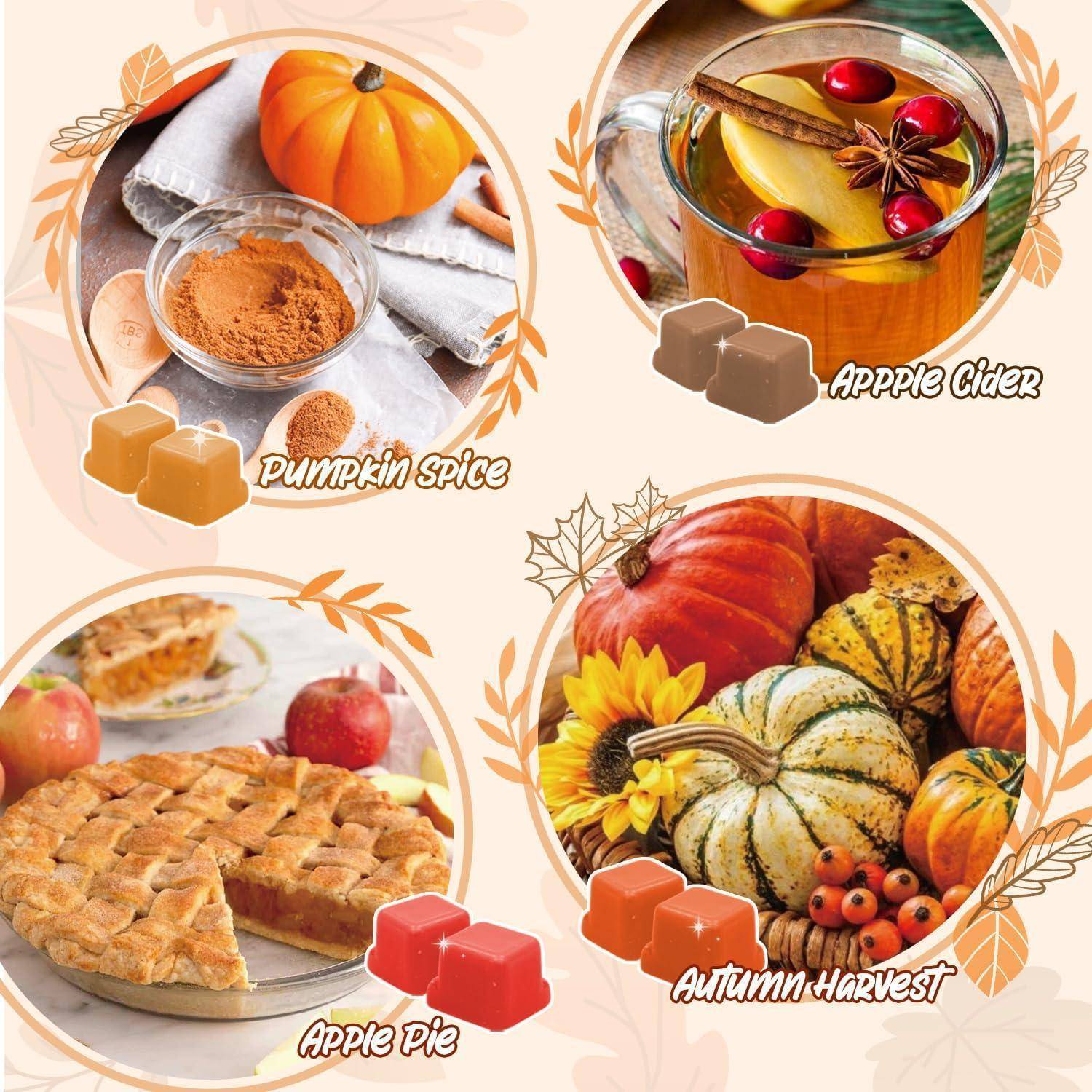Herbst-Thema Collage mit vier beschrifteten Lebensmittelbildern: Kürbisgewürz-Zutaten, Apfelmost, Apfelkuchen und Herbst-Ernte-Kürbisse.
