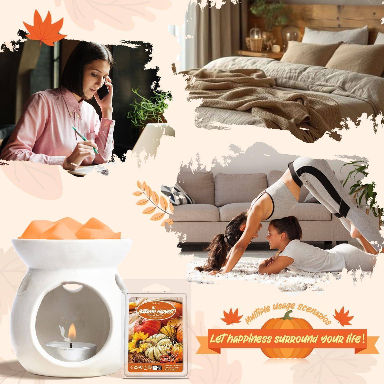 Werbekollage für einen Aromadiffusor und Wachsmelte, die eine Frau am Telefon beim Schreiben zeigt, ein gemütliches Bett, eine Yogaposition und das Produkt mit dem Slogan „Lass Glück dein Leben umgeben!