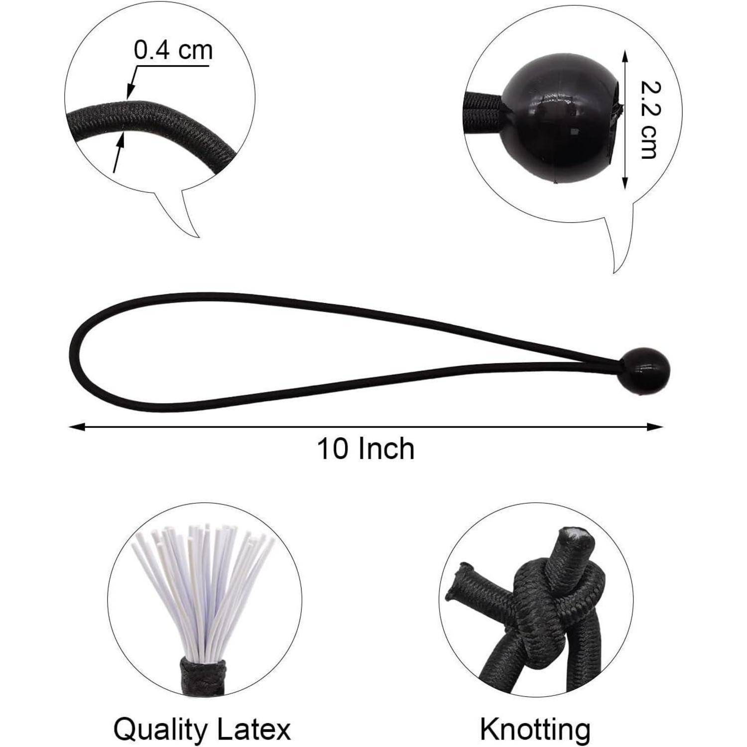Abbildung einer schwarzen Latexkordel-Schlaufe mit kleinem Kugelende, beschriftet 10 Zoll lang, 0,4 cm dick, 2,2 cm Kugel, mit Nahaufnahmen des Materials und der Knüpfung.