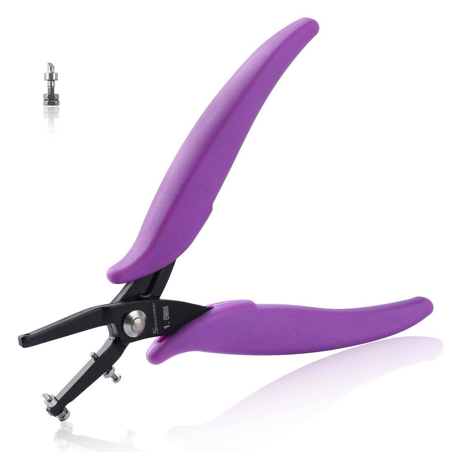 Handwerkzeug mit violettem Griff und schwarzen Metallbacken, geöffnet auf weißem Hintergrund dargestellt.