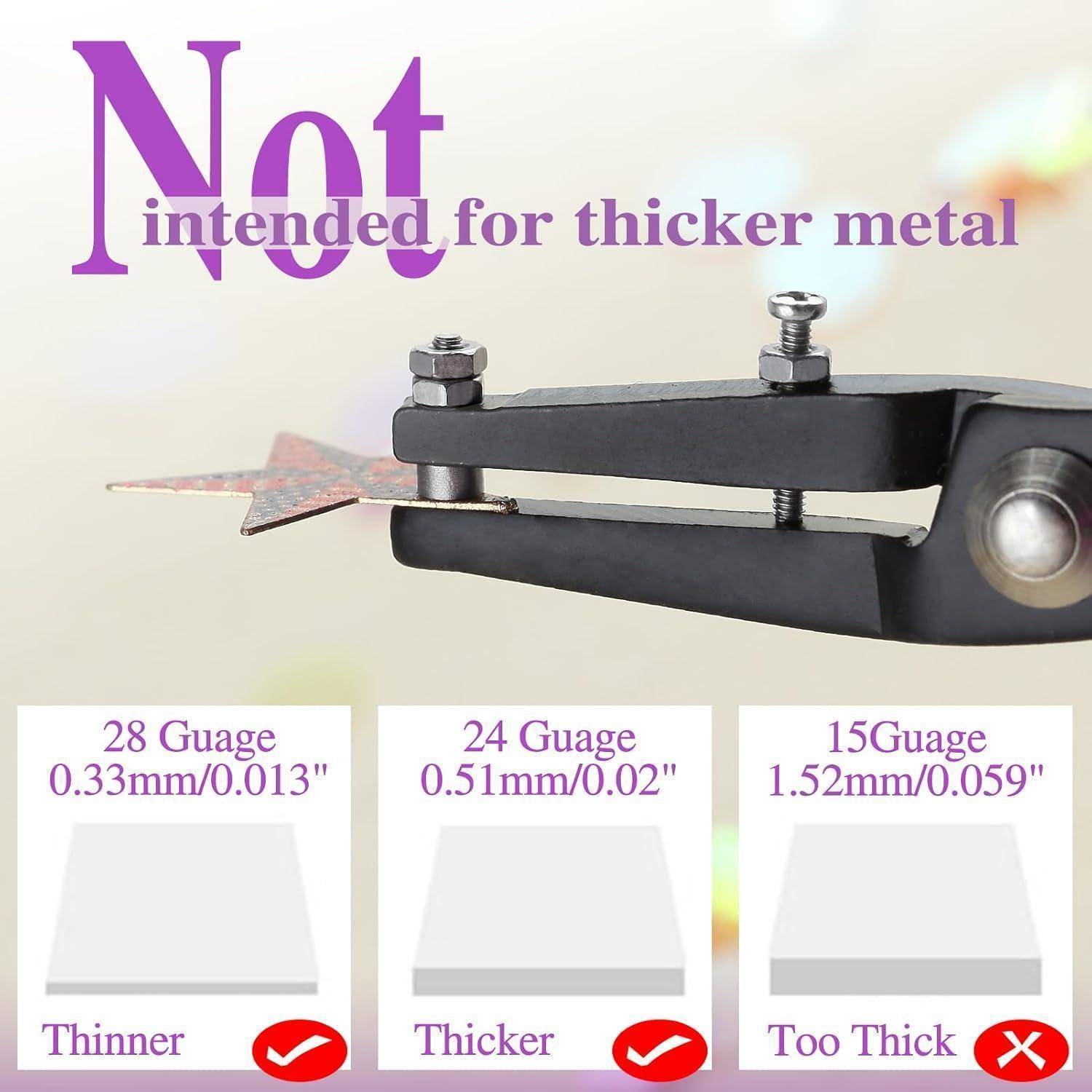 Instruktionsbild mit einem Werkzeug, das dünnes Metall schneidet; Text besagt „Nicht für dickeres Metall geeignet" und vergleicht 28er, 24er und 15er Stärke, wobei 15er Stärke als zu dick gekennzeichnet ist.
