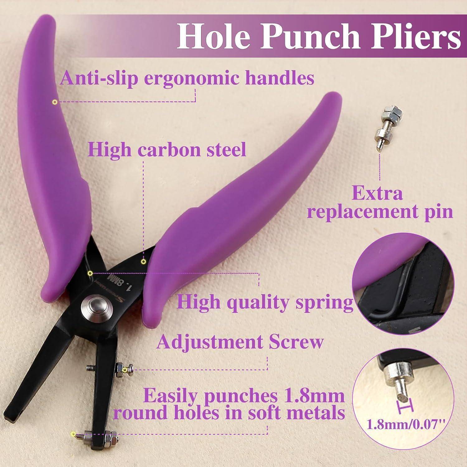 Lochstanzenzange mit violettem Griff, gekennzeichnet mit folgenden Eigenschaften: rutschfeste ergonomische Griffe, Kohlenstoffstahl, hochwertige Feder, Einstellschraube, zusätzlicher Ersatzstift und 1,8 mm Lochkapazität.