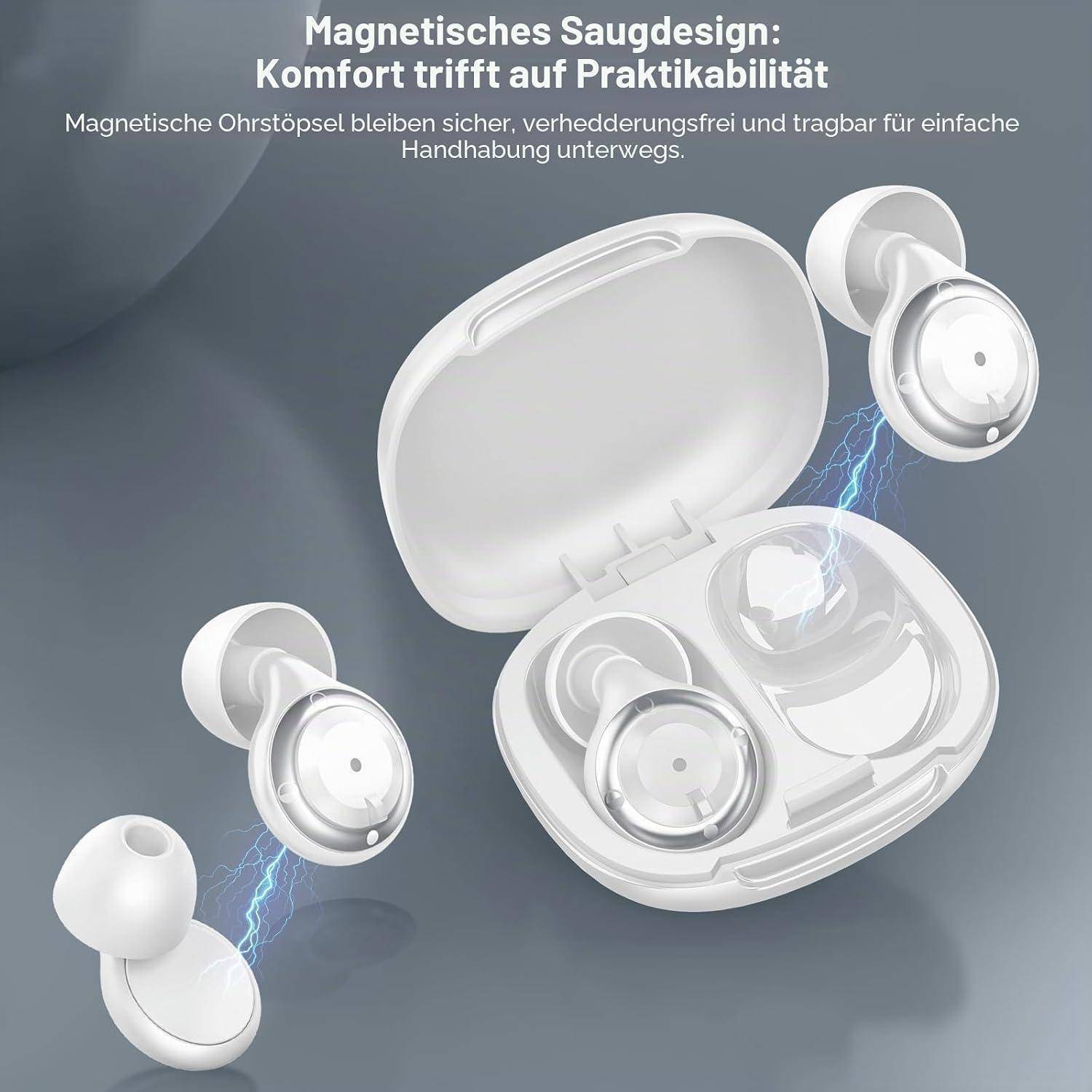 Werbebild von magnetischen weißen Ohrhörern mit Ladeetui; Deutscher Text besagt, dass sie sicher sitzen, frei von Kabelsalat sind und tragbar für einfache Verwendung unterwegs sind.