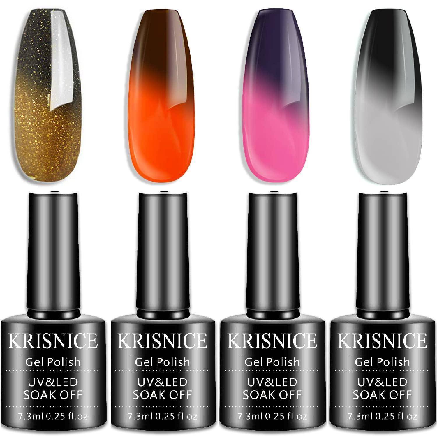 Vier KRISNICE UV&LED-Gel-Nagellacke zum Abwischen mit entsprechenden Nagelmusterstreifen oben in Gold-Glitter-, Orange-, Rosa- und Silbergrau-Tönen.