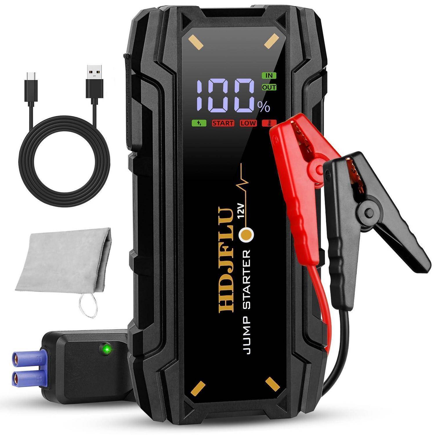 Tragbarer 12V Starthilfegerät mit roten und schwarzen Klemmen, USB-Ladekabel, Aufbewahrungstasche und Batteriestandsanzeige mit 100% Anzeige