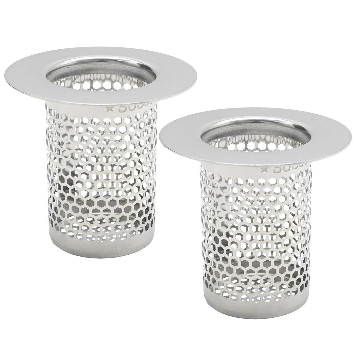 Zwei zylindrische Metallgitter-Siebschirme mit breiten flachen Rändern, nebeneinander auf weißem Hintergrund gezeigt.