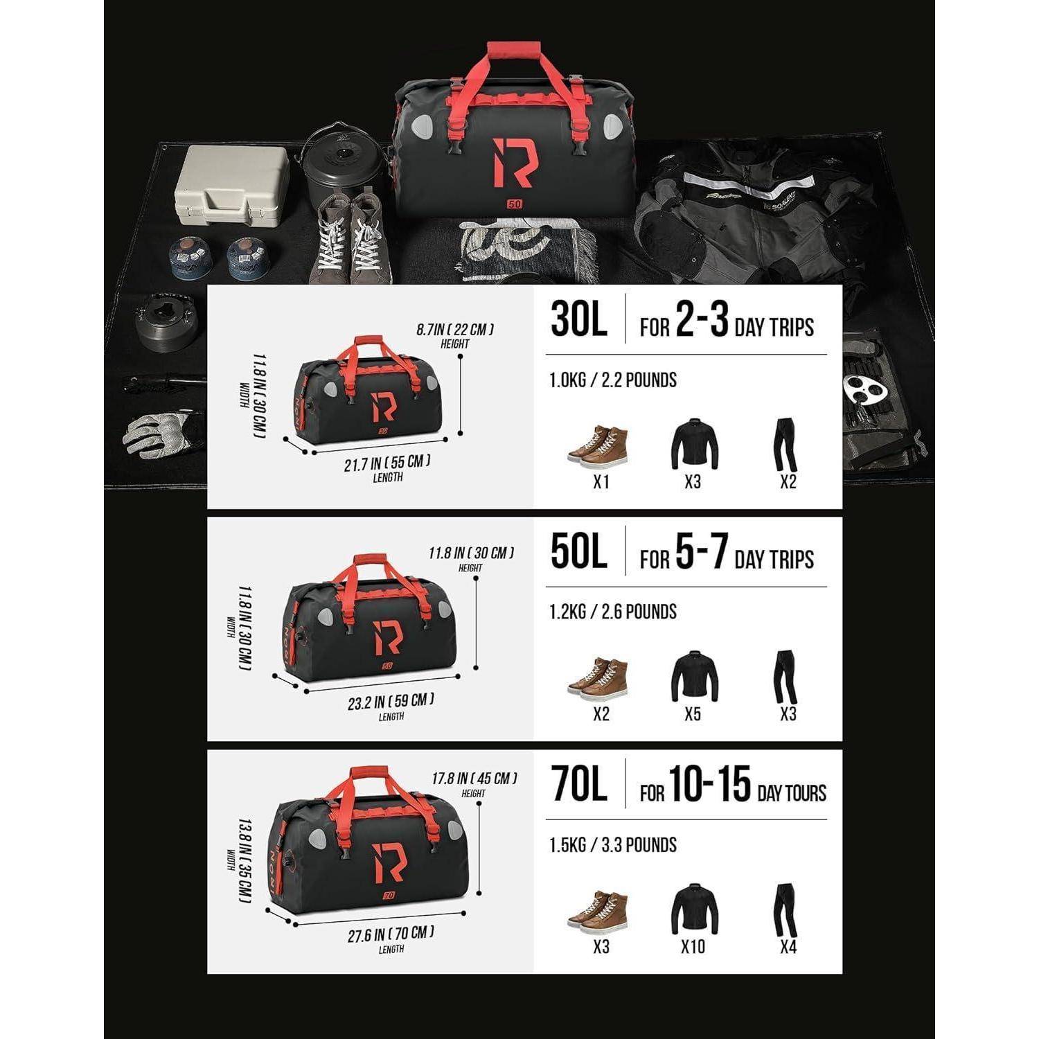 Infografik zum Vergleich von drei Reisetaschengröße: 30L für 2-3-Tages-Reisen, 50L für 5-7-Tages-Reisen und 70L für 10-15-Tages-Touren, mit Abmessungen und Packkapazität.