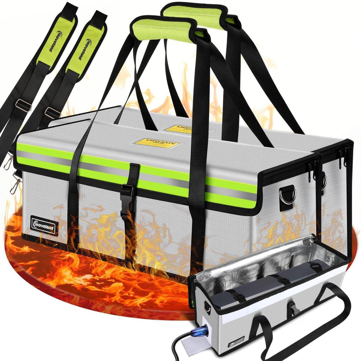 Isolierte grau-und-neongrüne Transporttasche mit Schultergurten und Griffen, gezeigt mit einer beheizten Basis, die Flammen erzeugt, was auf feuerfeste oder wärmende Verwendung hindeutet.