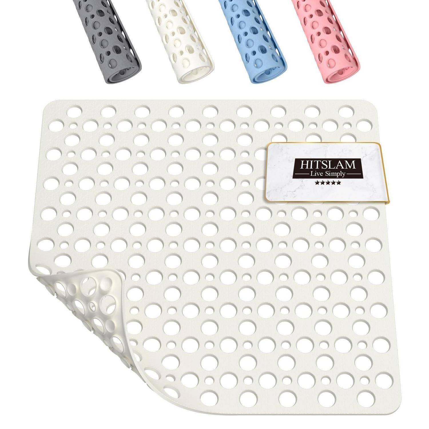 Durchlochte Antirutschmatte mit umgerollten Ecken, gezeigt mit vier Rolloptionen in den Farben: Grau, Elfenbein, Blau und Rosa.
