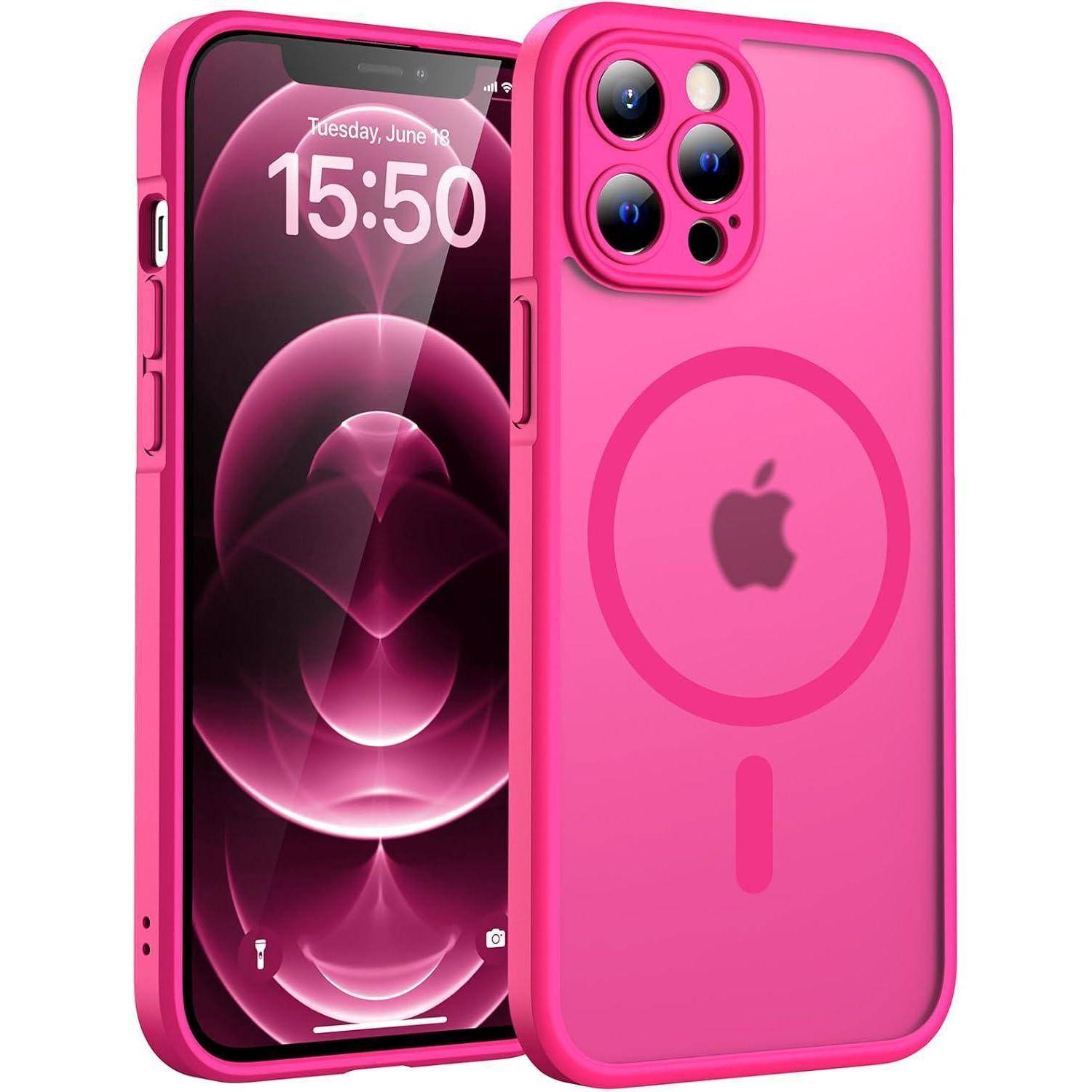 Rosa iPhone von vorne und hinten in einer Schutzhülle mit einem MagSafe-ähnlichen Ring und dreifachem Kameraausschnitt dargestellt.