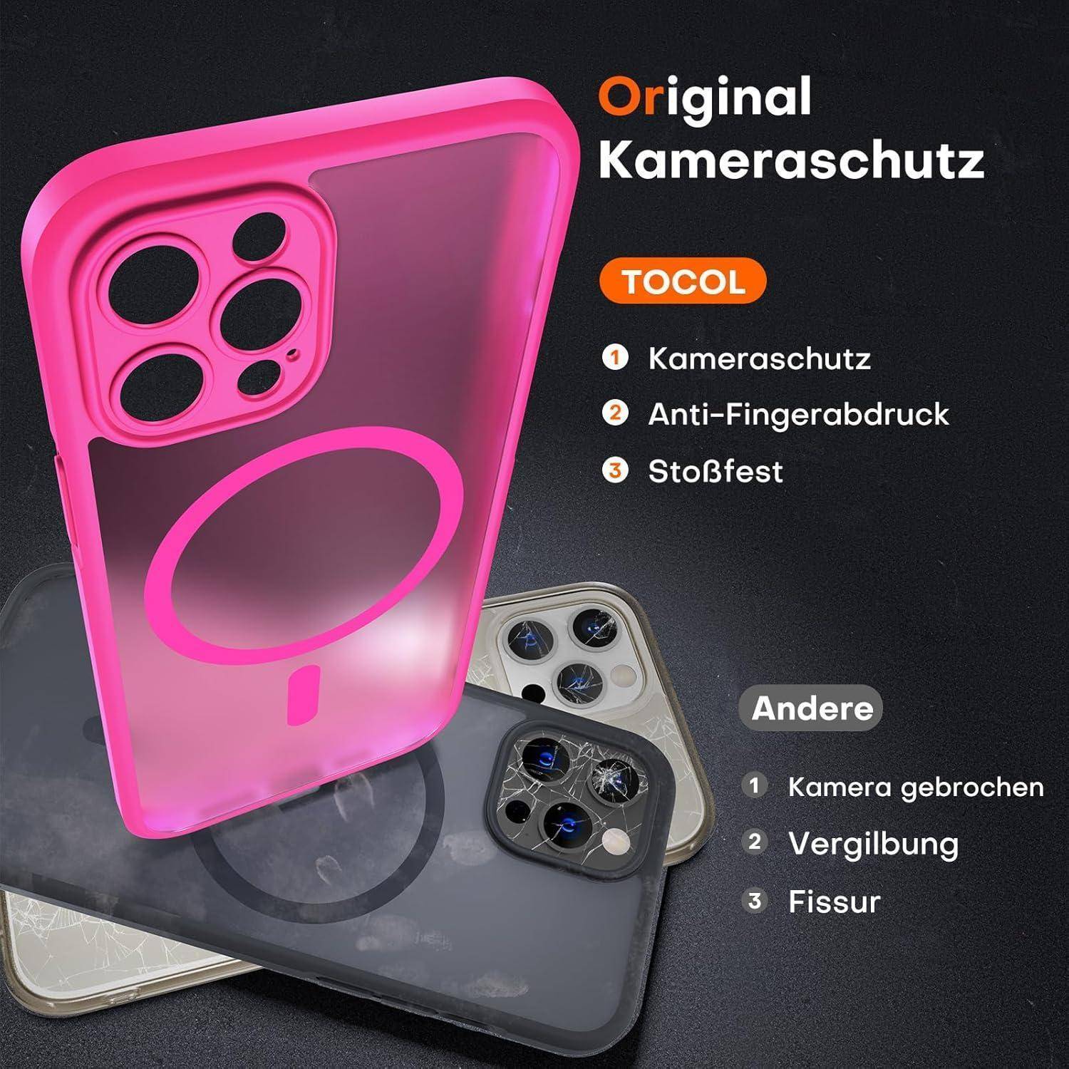Anzeige mit rosa TOCOL-Handyhülle mit dem Label „Original Kameraschutz