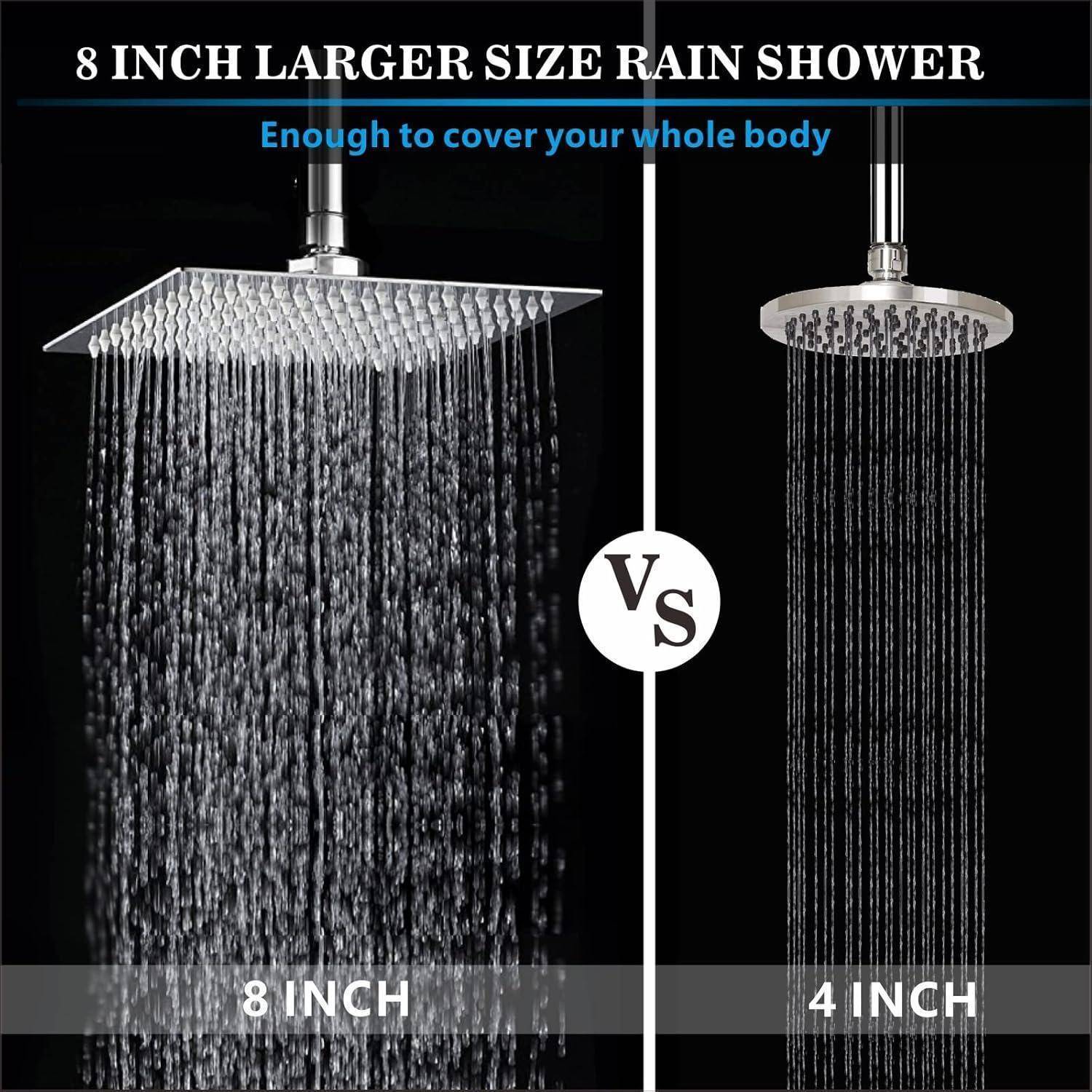 Produktvergleich von Duschköpfen, der eine 8-Zoll-Regendusche zeigt, die den ganzen Körper abdeckt, im Vergleich zu einem kleineren 4-Zoll-Duschkopf, mit der Beschriftung '8 ZOLL GRÖSSERES FORMAT REGENDUSCHE' und 'Ausreichend um deinen ganzen Körper abzudecken'.