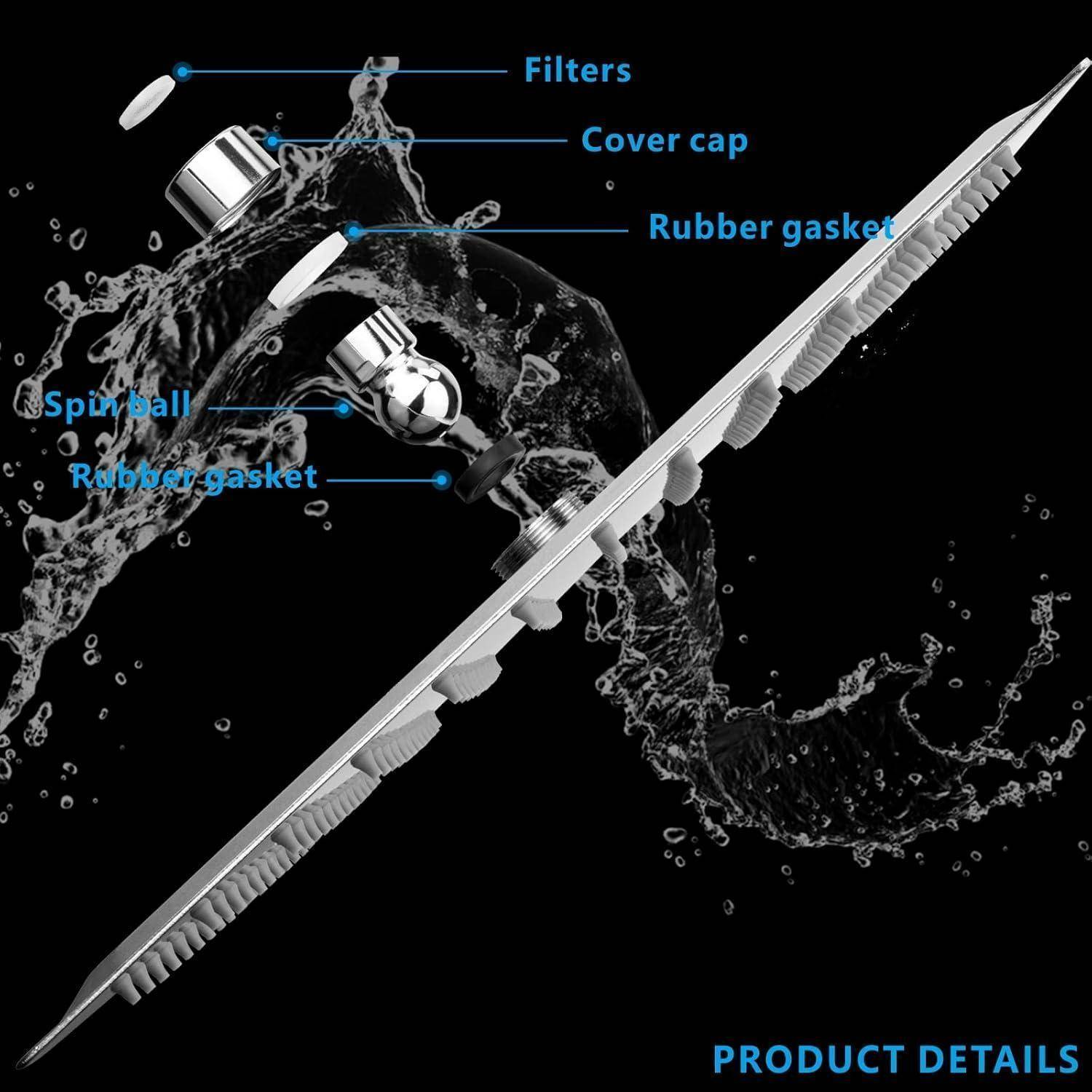 Annotiertes Produktdetail zeigt eine Metallkugelschreiber-Mine mit beschrifteten Teilen: Filter, Schutzkappe, Drehlkugel und Gummidichtungen, vor einem Wasserspritzhintergrund.