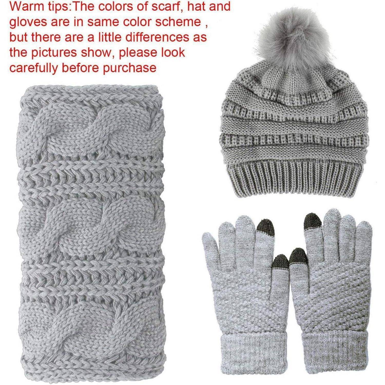 Grauer Strickwinterset mit Schal, Mütze und Touchscreen-Handschuhen; eine Notiz besagt, dass die Farben zwischen den Artikeln leicht abweichen können.