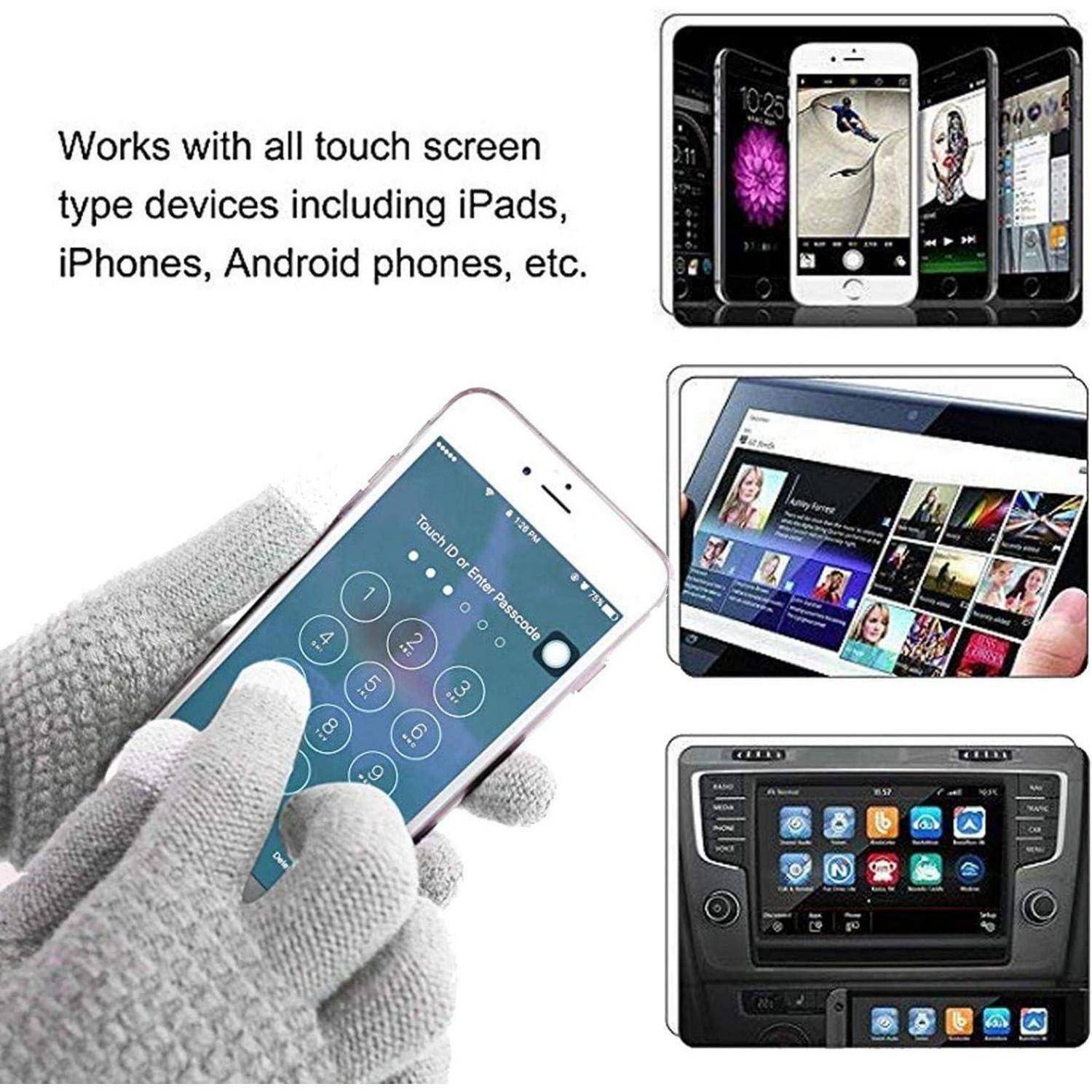Handschuh-behandelte Hand, die ein Touchscreen-Smartphone bedient; der Text besagt, dass es mit allen Touchscreen-Geräten funktioniert, einschließlich iPads, iPhones und Android-Telefonen, mit gezeigten Beispielbildschirmen.