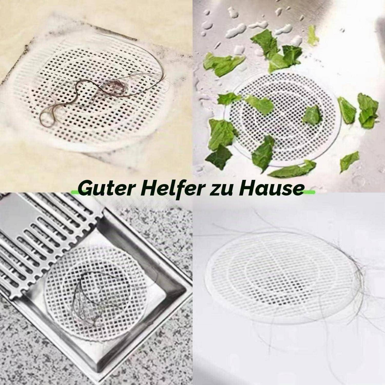 Collage mit wiederverwendbaren Abflusssieben, die Haare und Essensreste in Spülen und einer Duschablage auffangen, mit der Beschriftung „Guter Helfer zu Hause