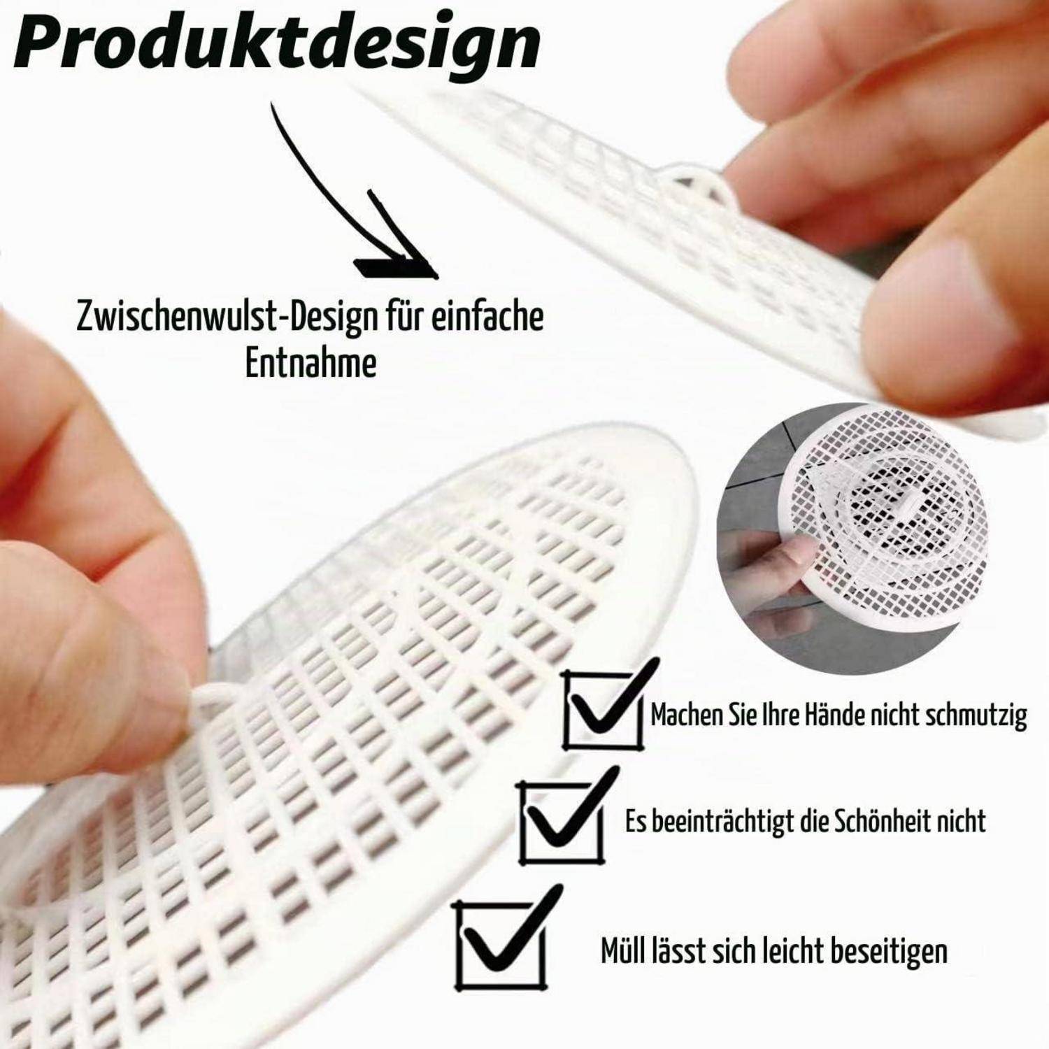 Produktdesign einer perforierten Ablaufabdeckung mit erhöhter Mitte zum einfachen Entfernen, in der Hand gezeigt, mit deutschem Text, der saubere Hände, Erscheinungsbild und einfaches Entfernen von Verschmutzungen hervorhebt.