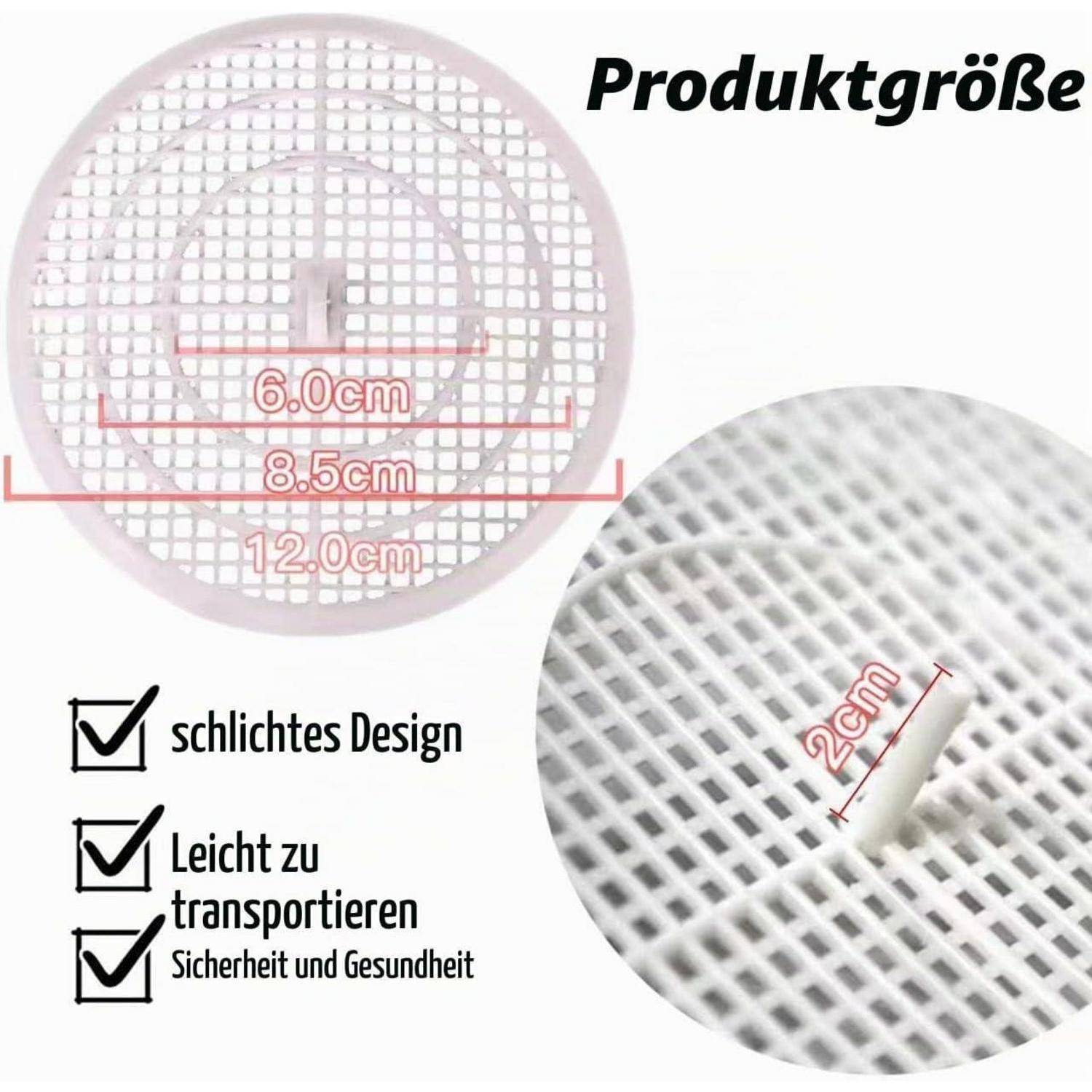 Grafik zeigt ein weißes rundes Netzprodukt mit der Bezeichnung „Produktgröße