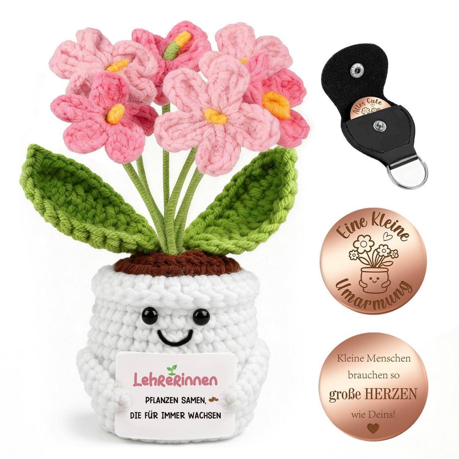 Gehäkelter Blumentopf als Geschenk mit rosa Blüten und grünen Blättern in einem lächelnden weißen Topf mit der Aufschrift „Lehrerinnen