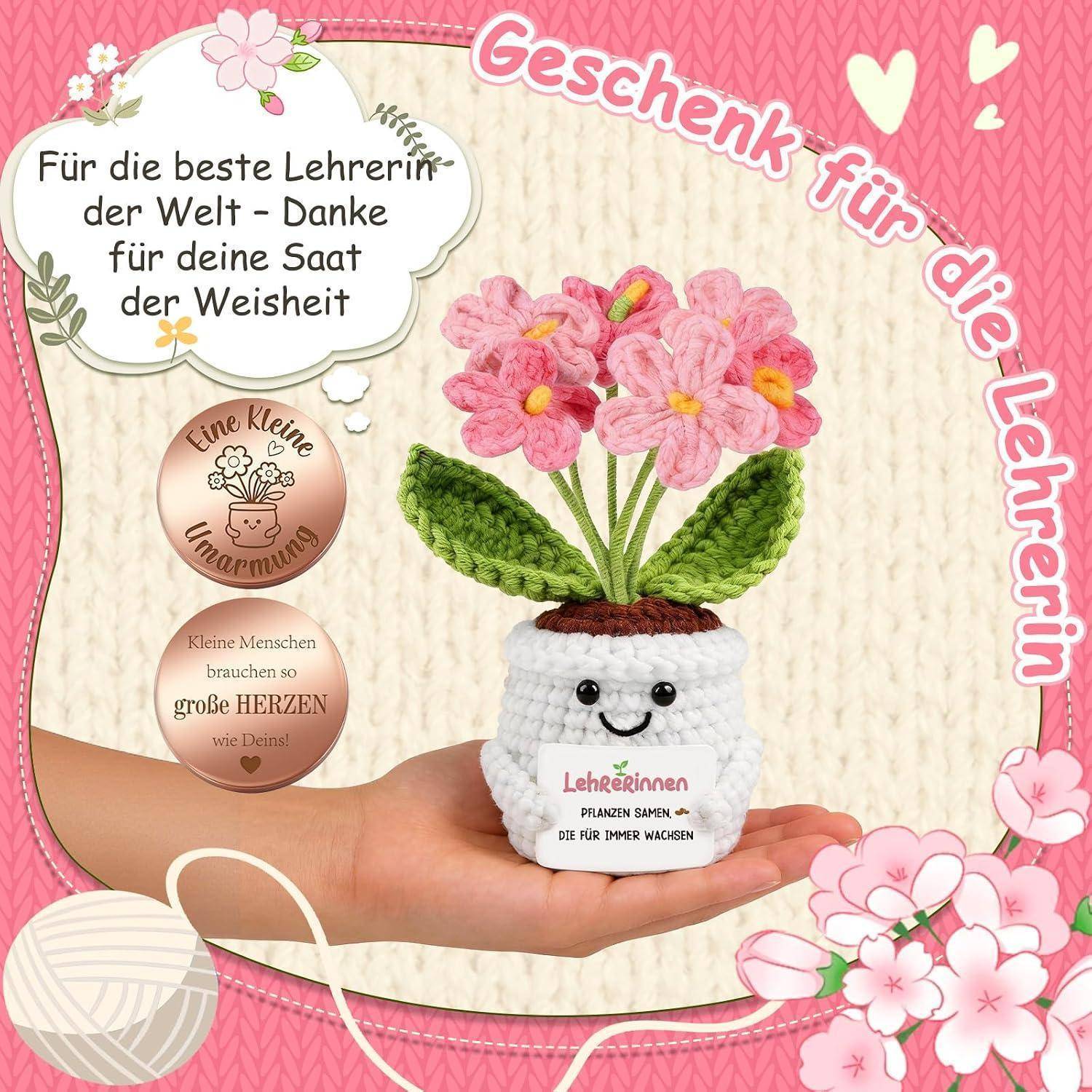 Eine Hand hält einen gehäkelten weißen Blumentopf mit rosa Blumen und dem Text „Lehrerinnen Pflanzen Samen